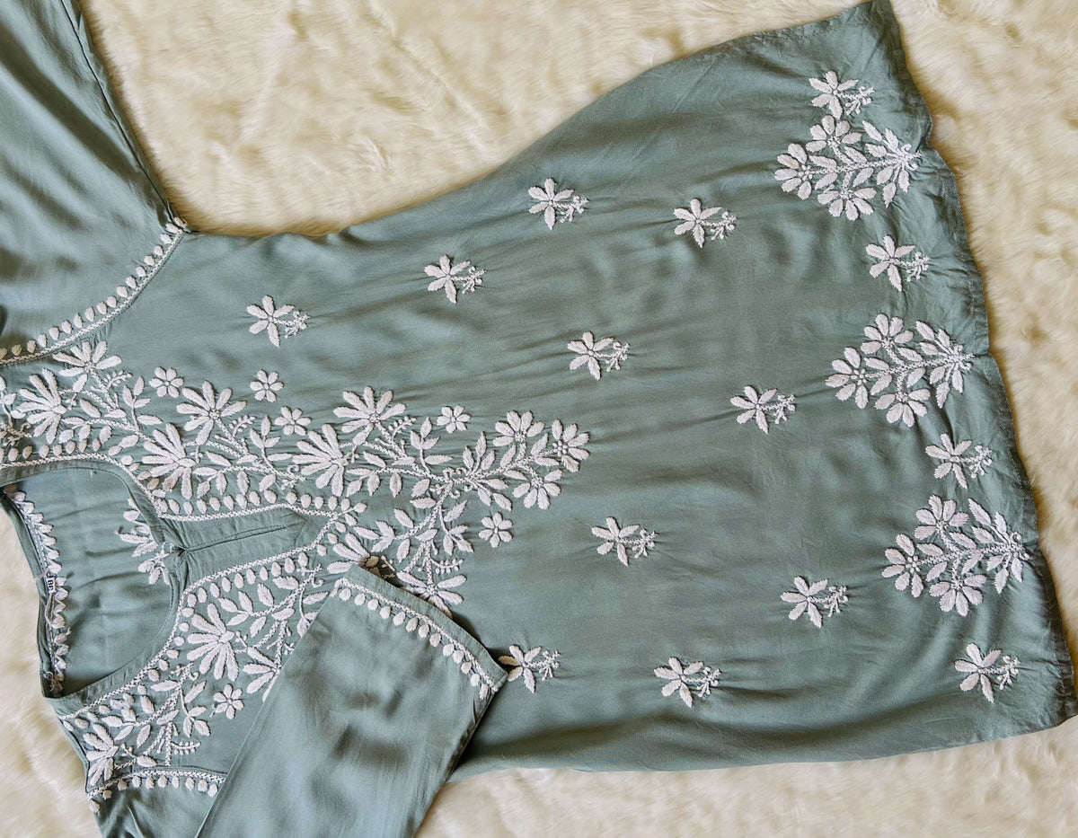 Ash Grey Short Rayon Kurta with White Chikankari