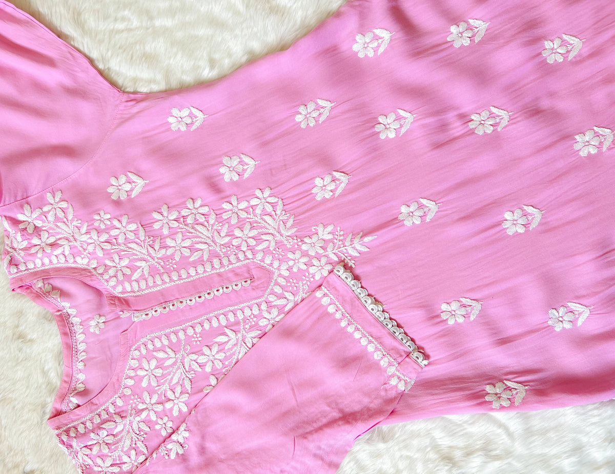 Baby Pink Lace Modal Kurta Palazzo Set