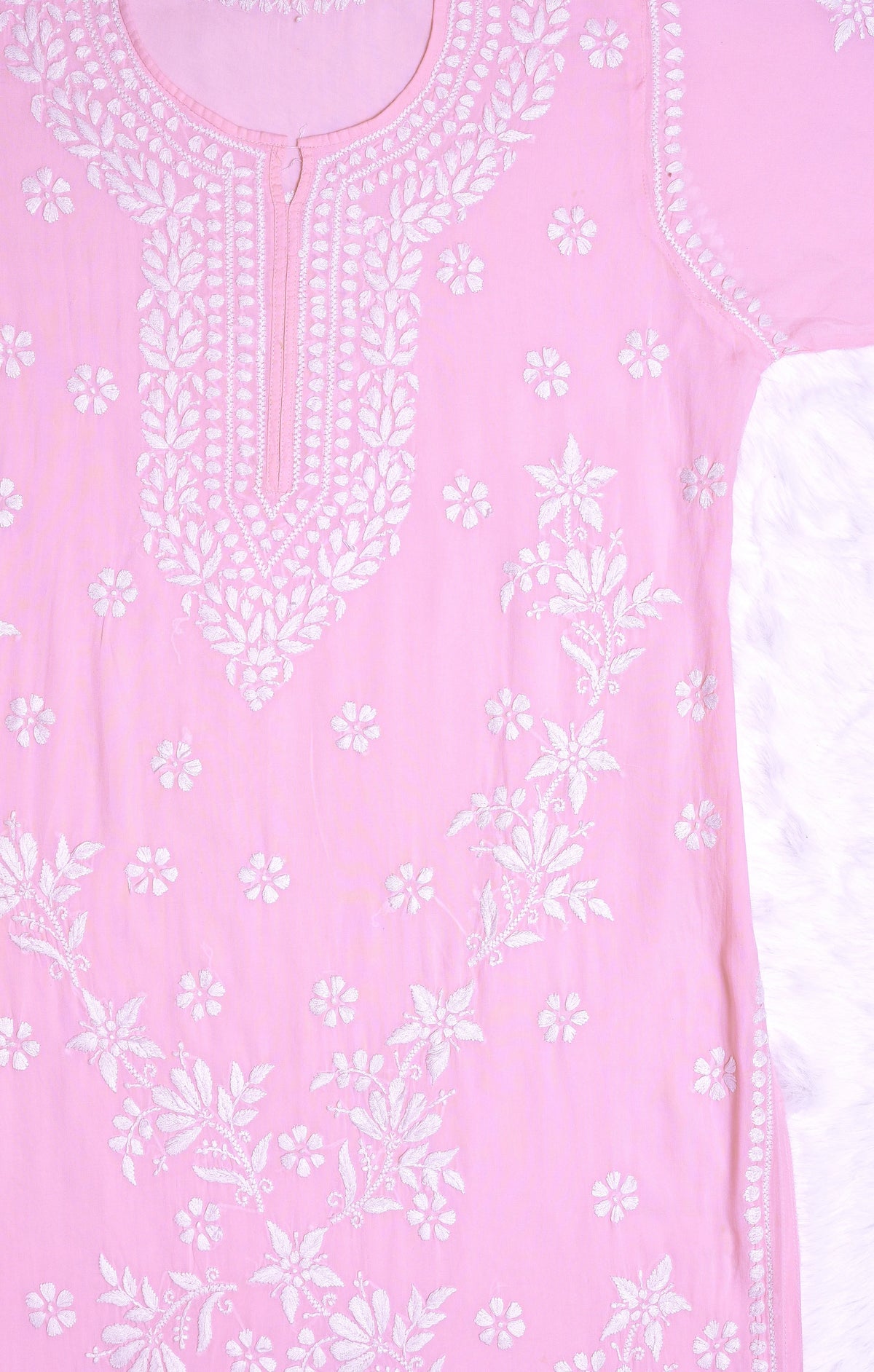 Baby Pink Long Modal Kurta with White Chikankari