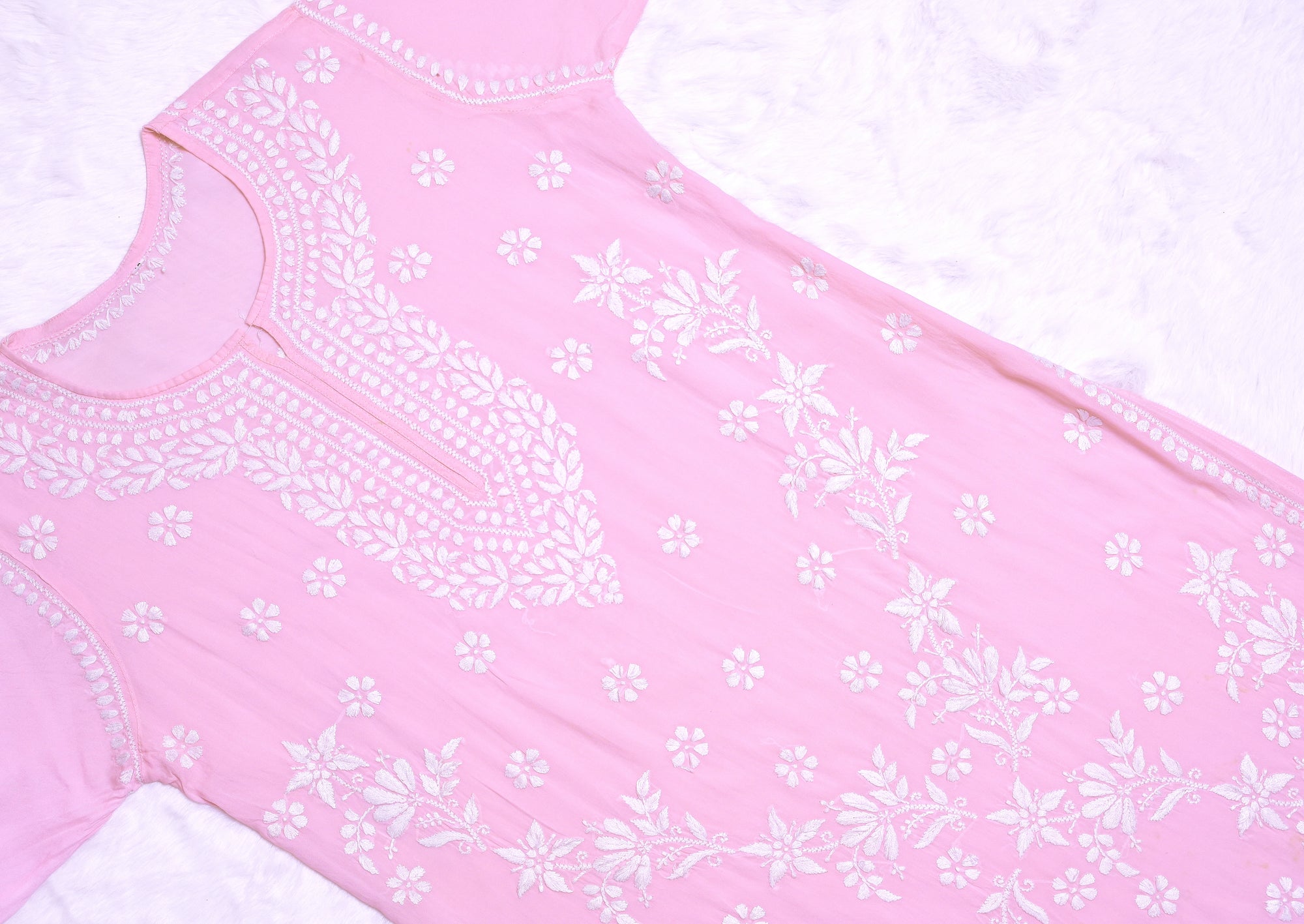 Baby Pink Long Modal Kurta with White Chikankari