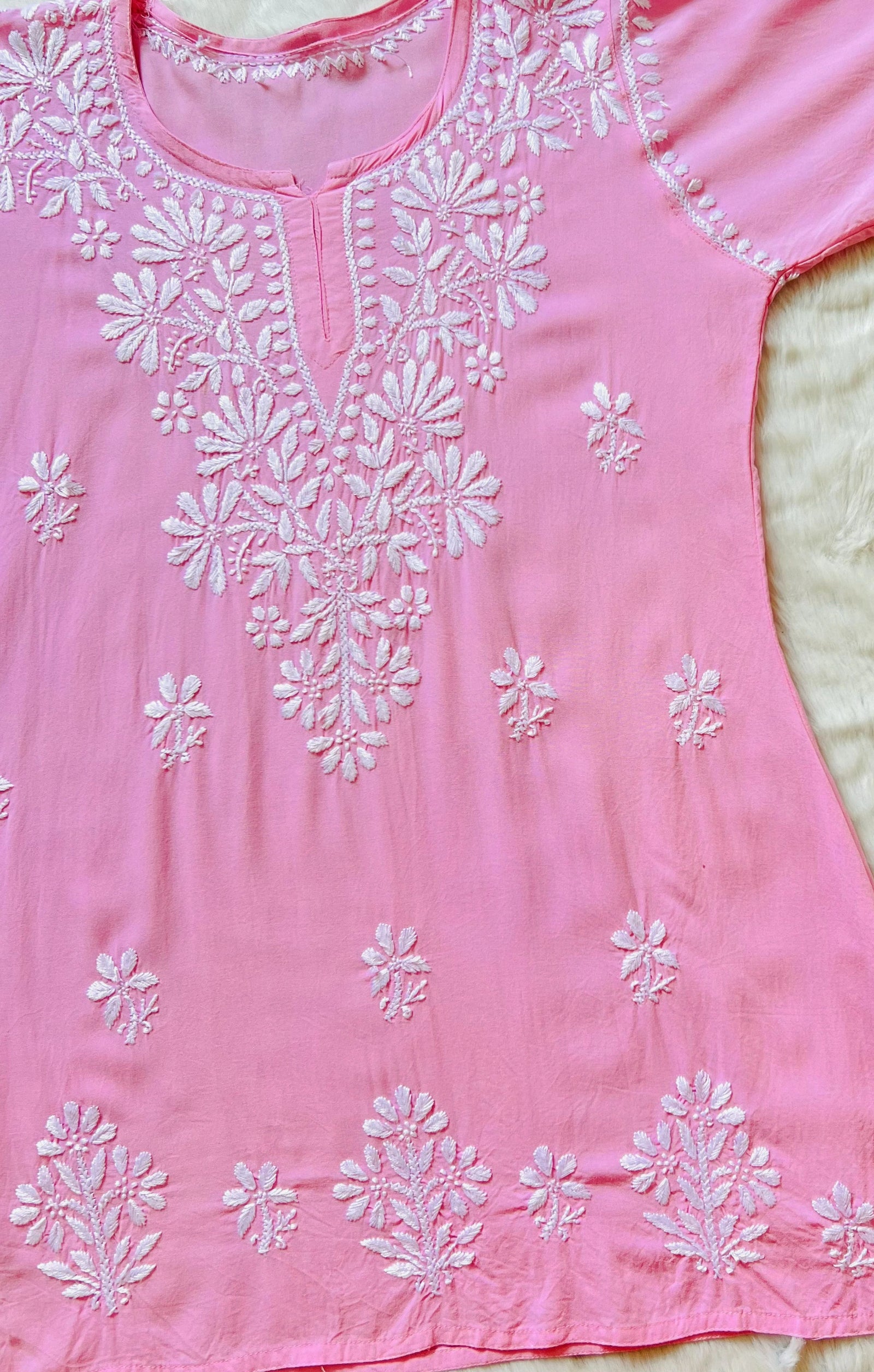 Baby Pink Short Rayon Kurta with White Chikankari
