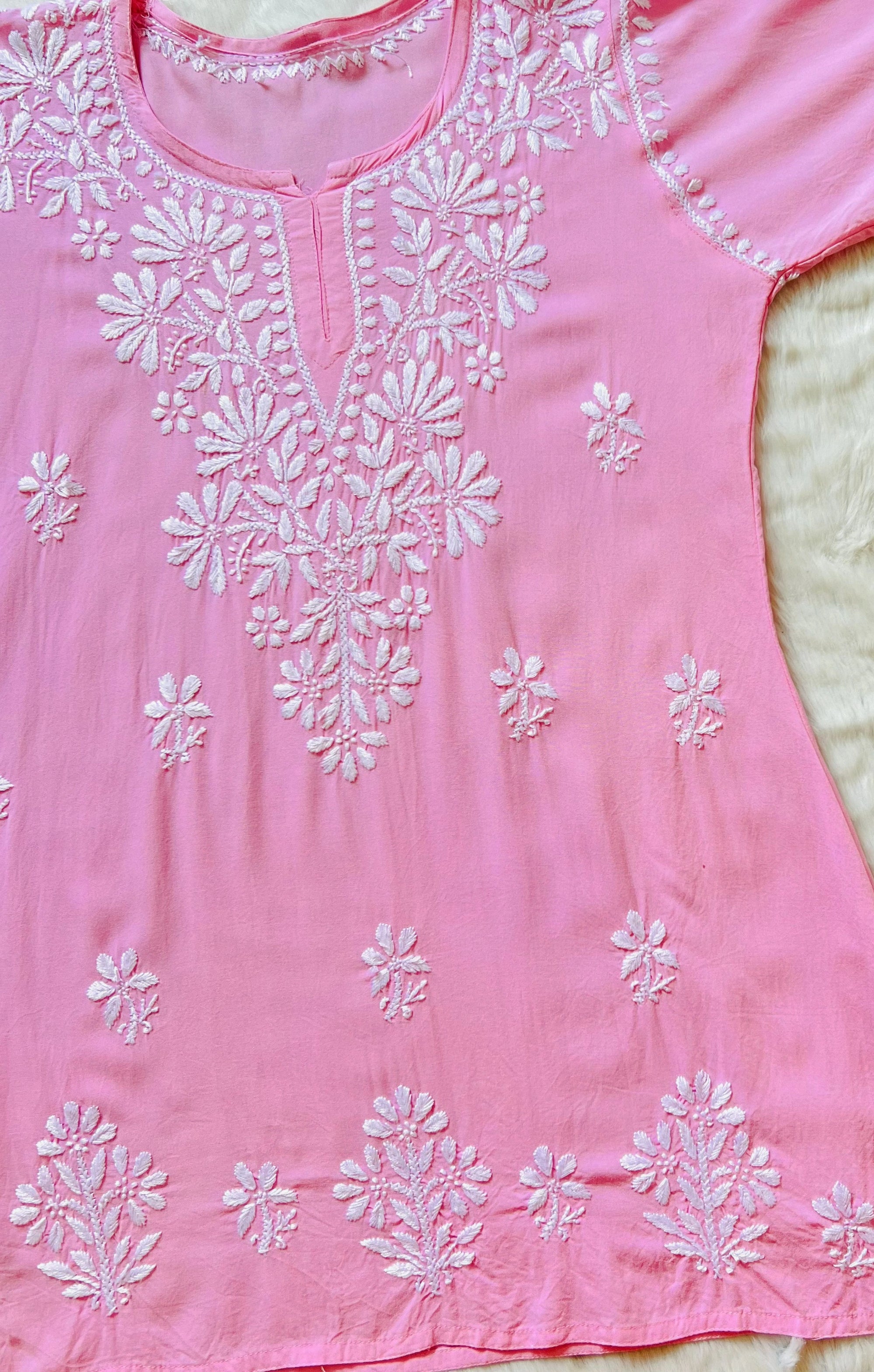 Baby Pink Short Rayon Kurta with White Chikankari