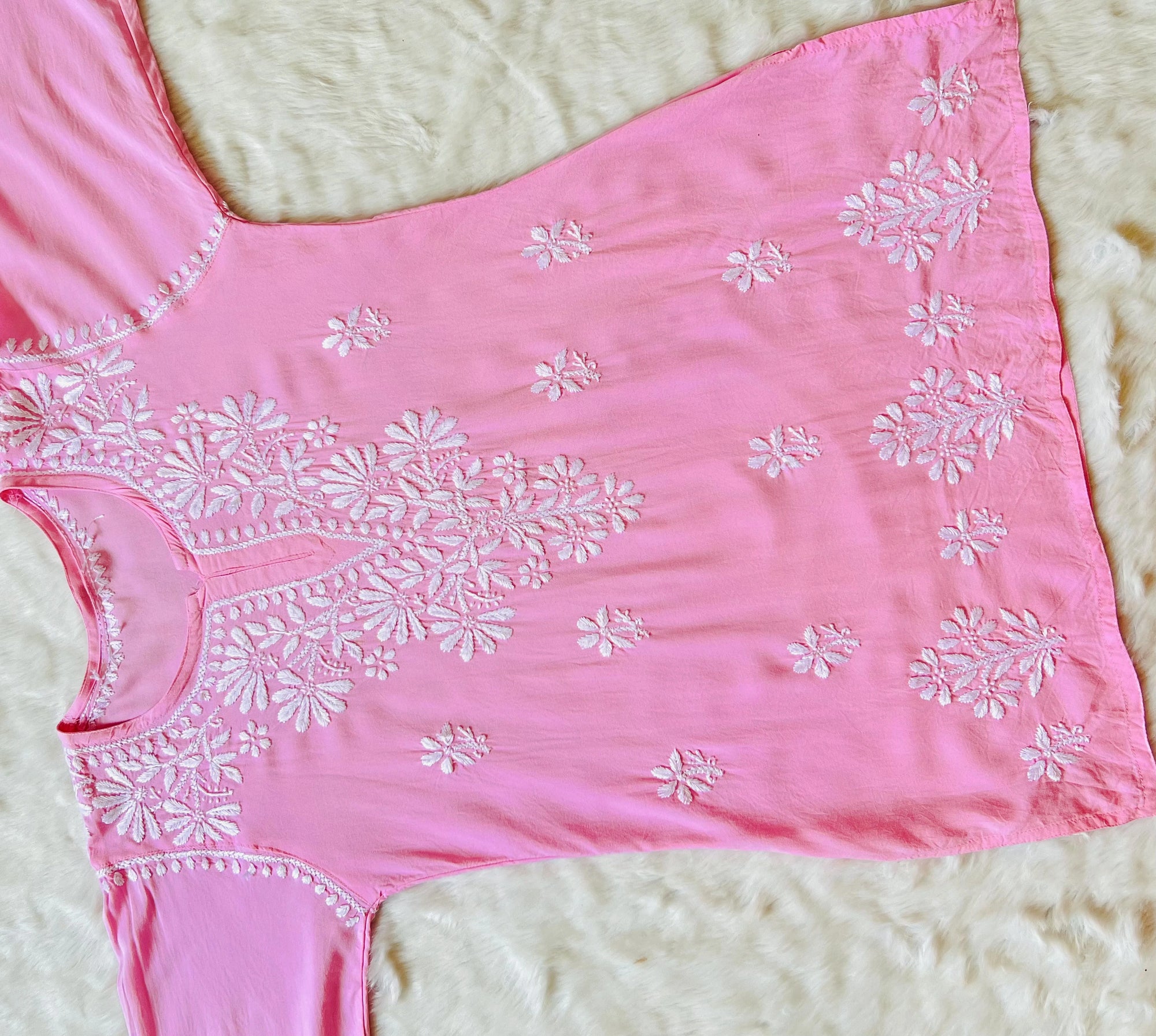 Baby Pink Short Rayon Kurta with White Chikankari