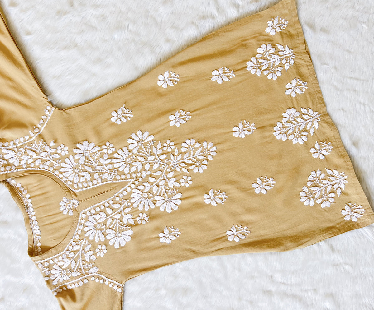 Beige Short Rayon Kurta with White Chikankari