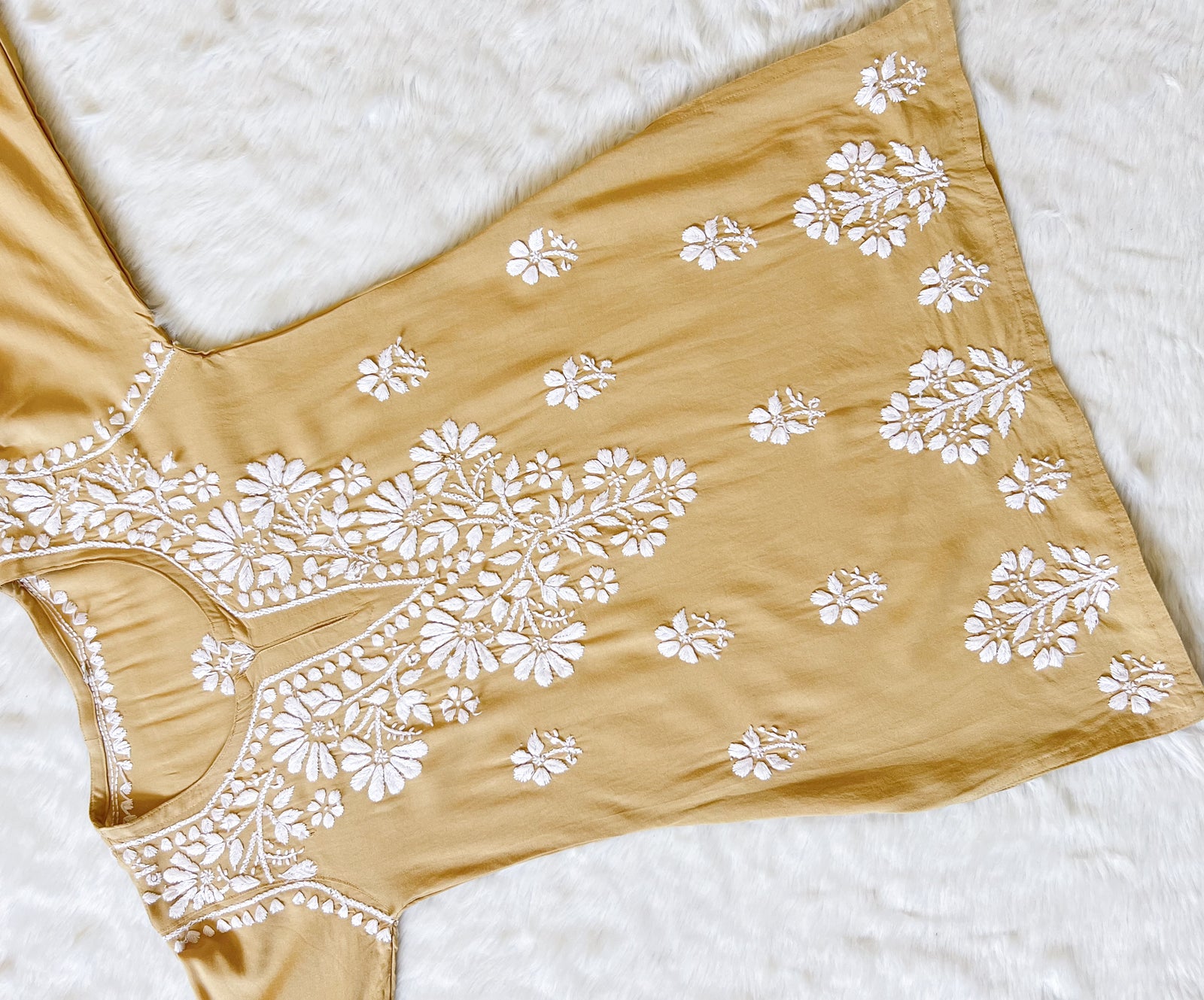 Beige Short Rayon Kurta with White Chikankari