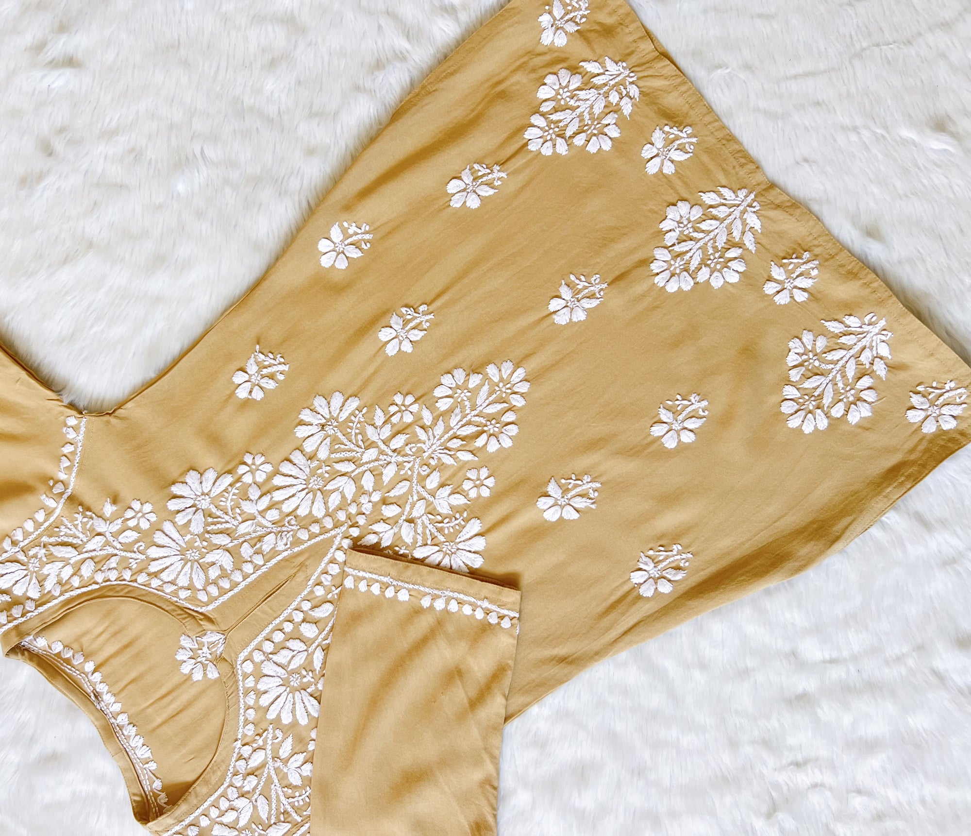 Beige Short Rayon Kurta with White Chikankari