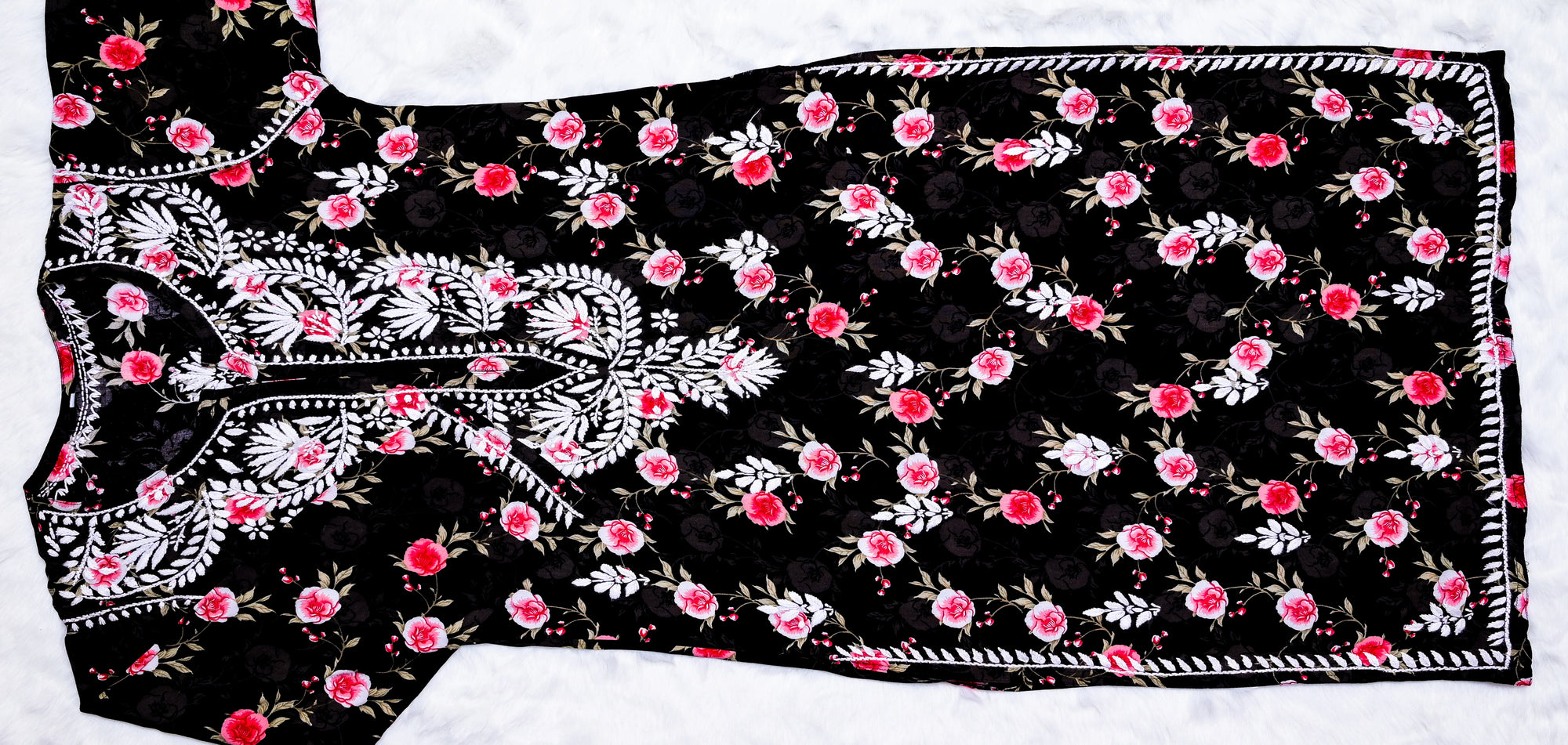 Black Floral Long Rayon Chikankari Kurta