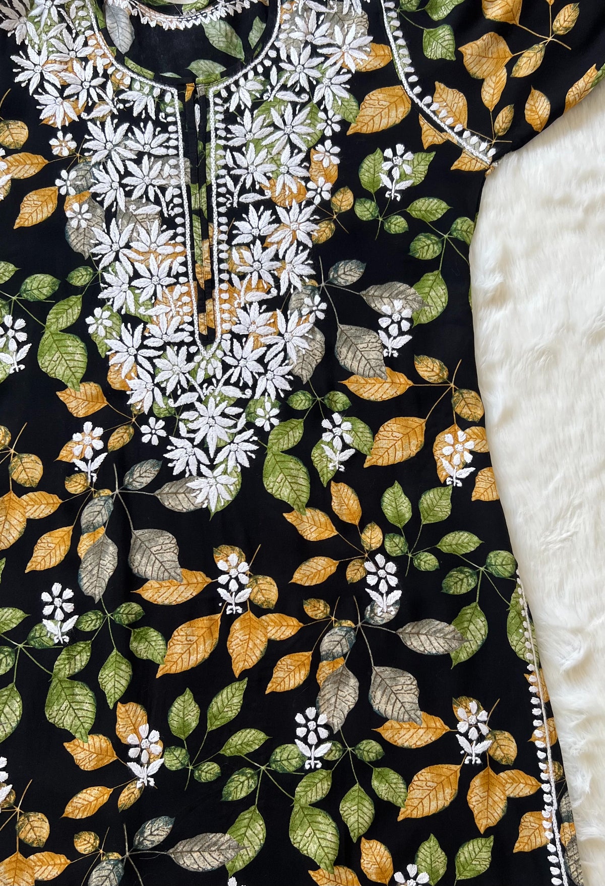 Black Leaf Printed Long Rayon Kurta