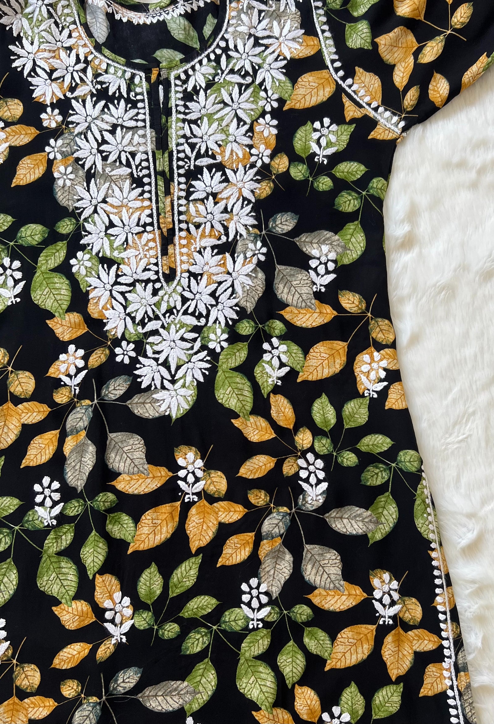 Black Leaf Printed Long Rayon Kurta