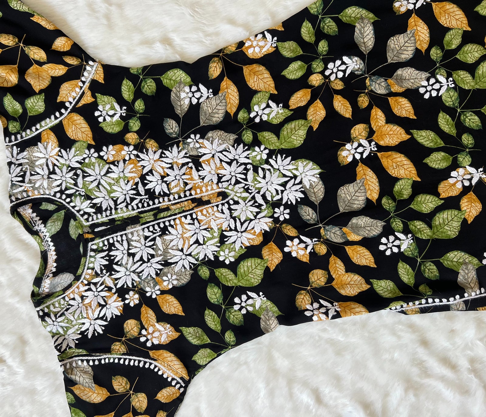 Black Leaf Printed Long Rayon Kurta