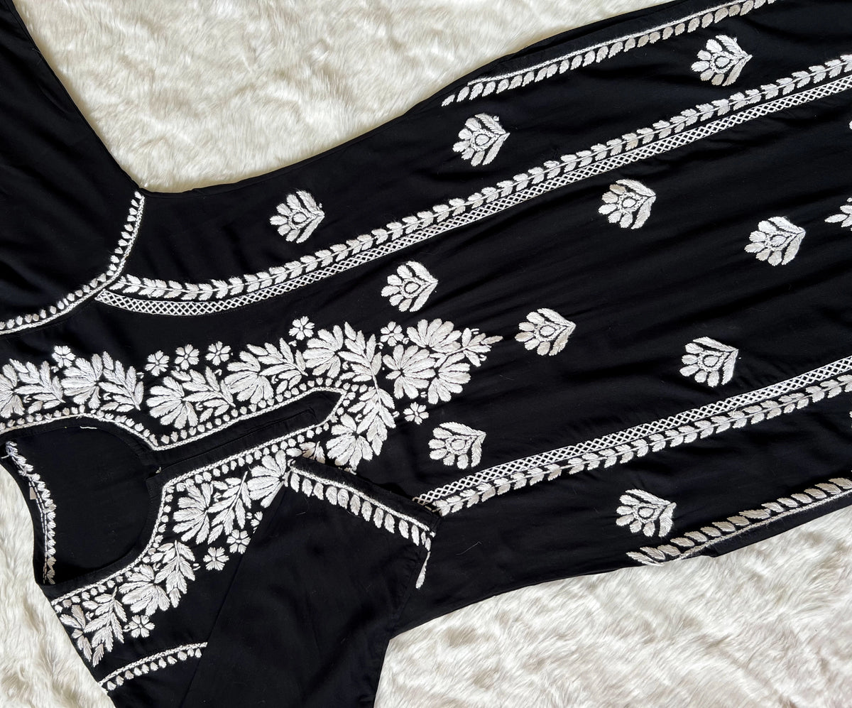 Black Long Lace Rayon Chikankari Kurta
