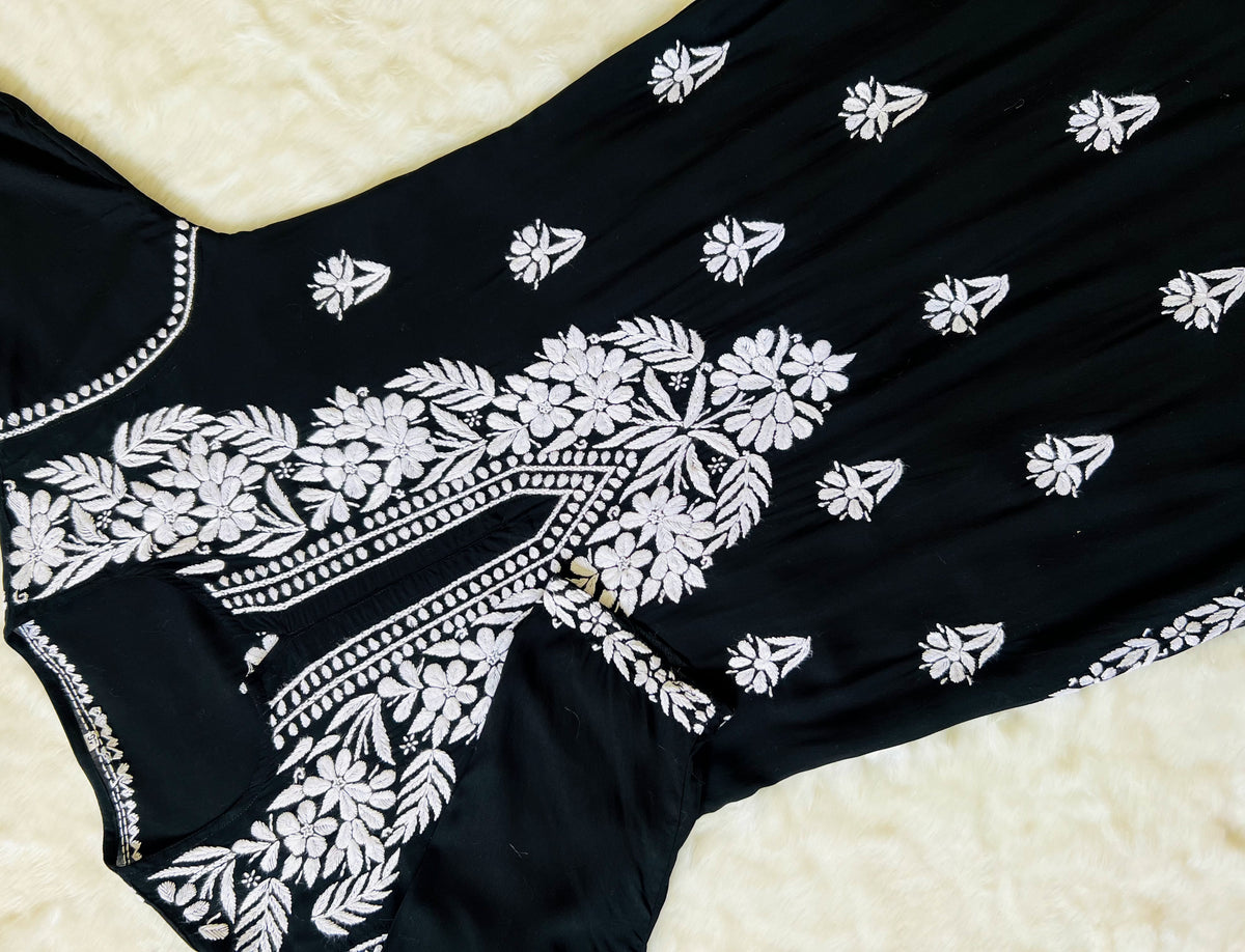 Black Long Modal Kurta with White Chikankari