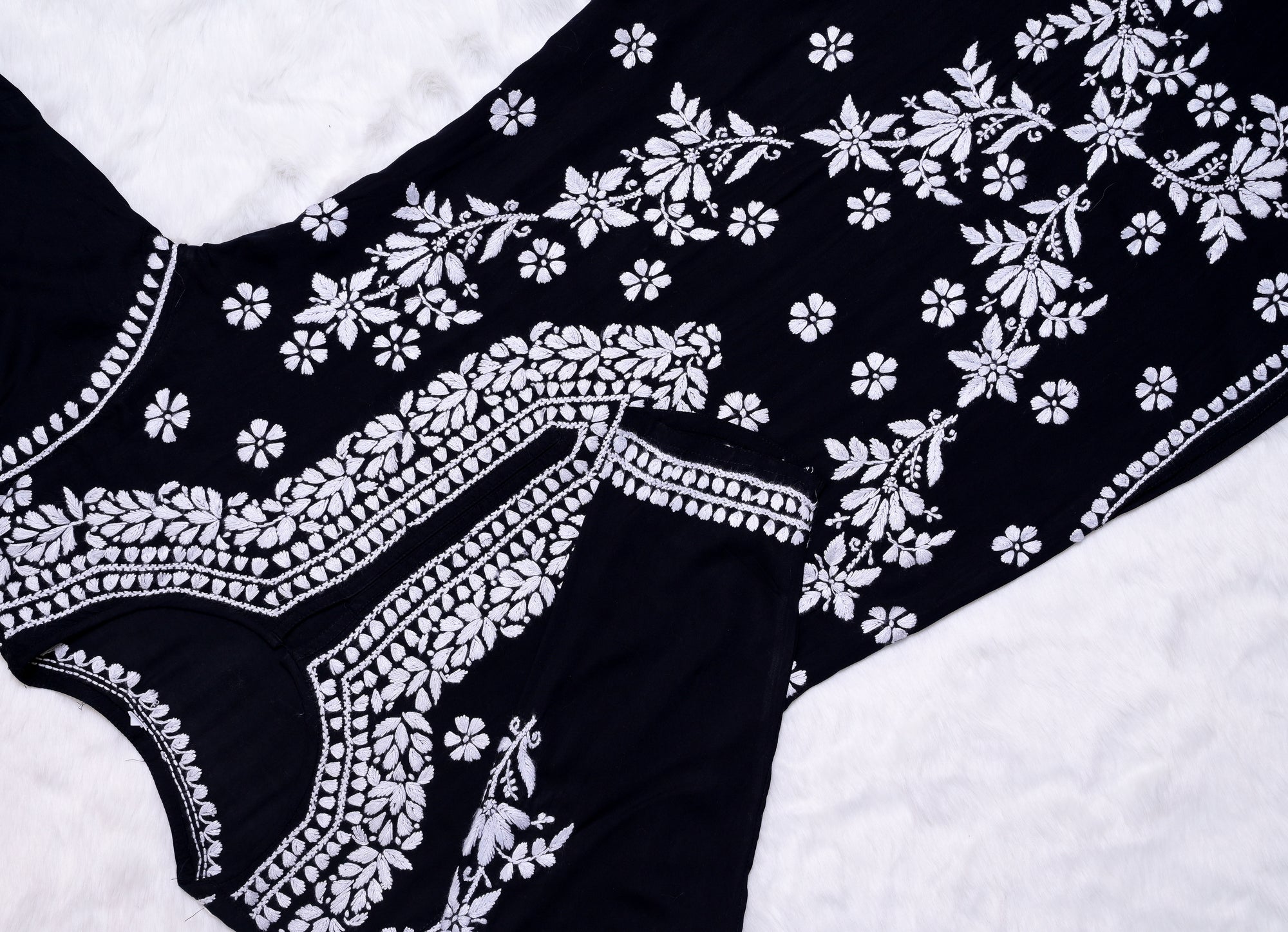 Black Long Modal Kurta with White Chikankari