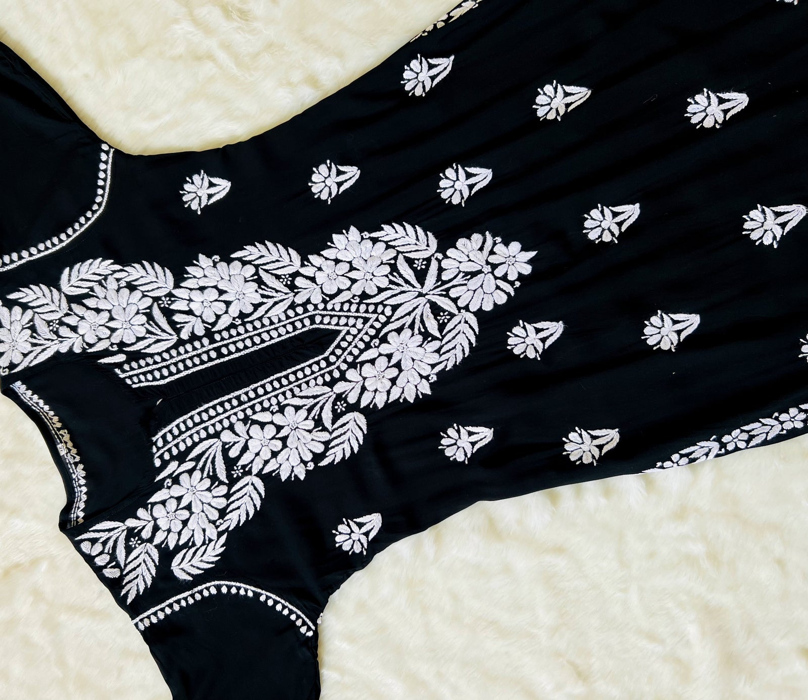Black Long Modal Kurta with White Chikankari
