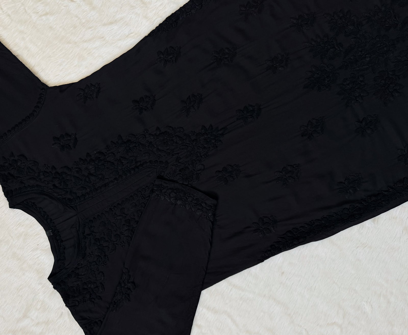 Black Modal Kurta Bottom Set with Self Chikankari Handwork