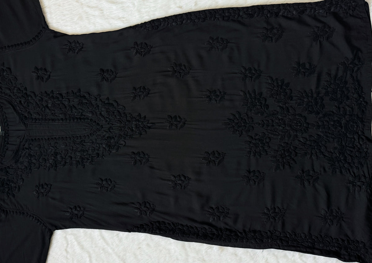 Black Modal Kurta Bottom Set with Self Chikankari Handwork