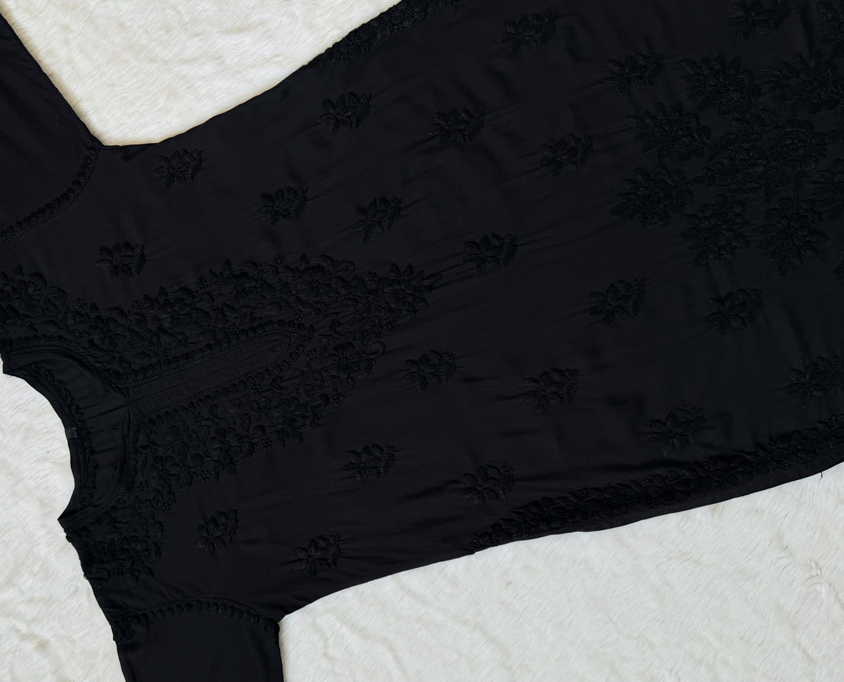 Black Modal Kurta Bottom Set with Self Chikankari Handwork