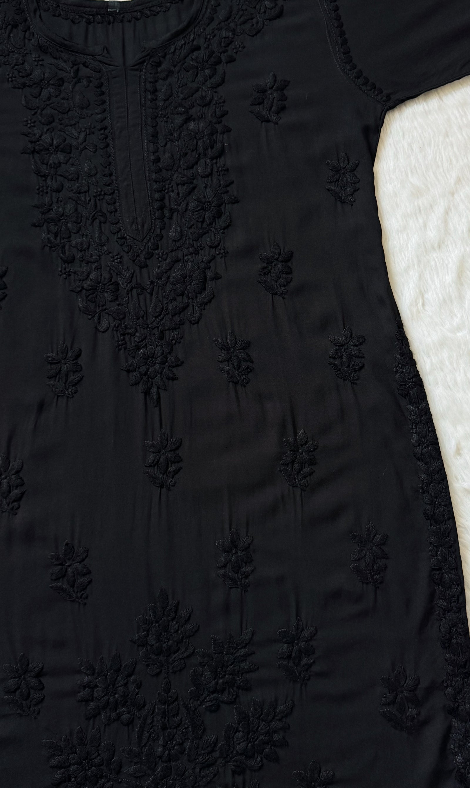Black Modal Kurta Bottom Set with Self Chikankari Handwork