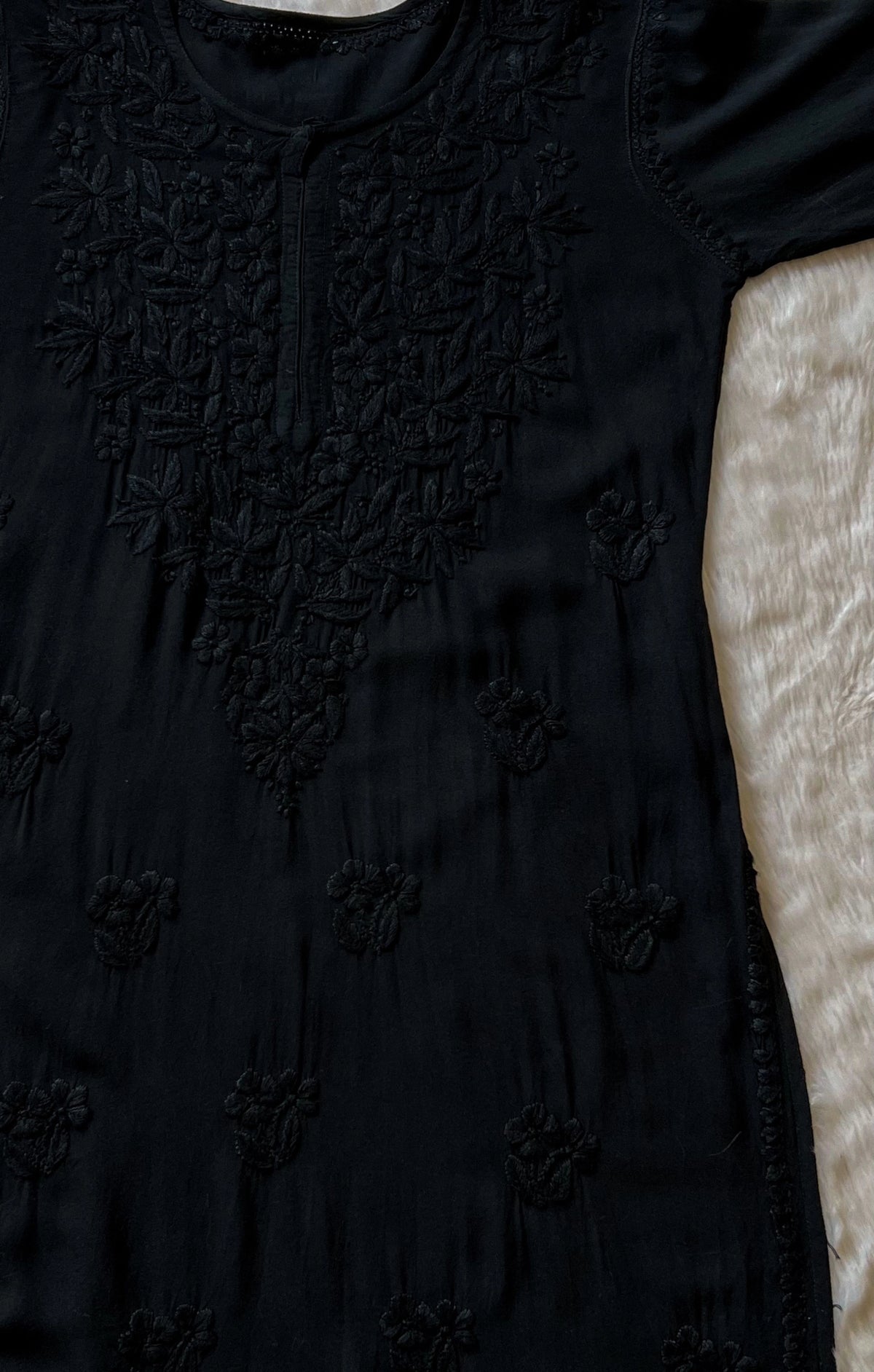 Black Rayon Kurta with Self Chikankari Handwork.