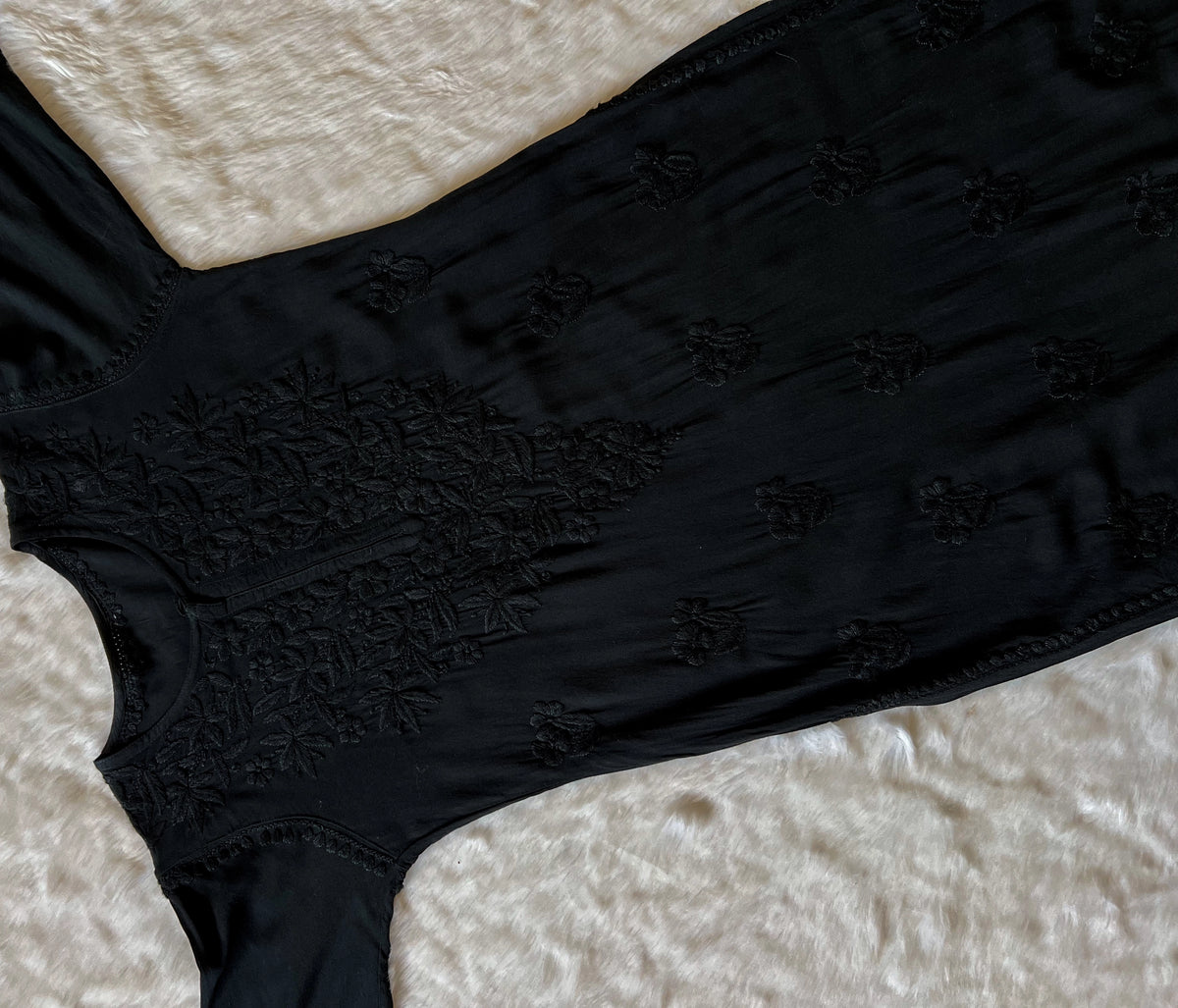 Black Rayon Kurta with Self Chikankari Handwork.