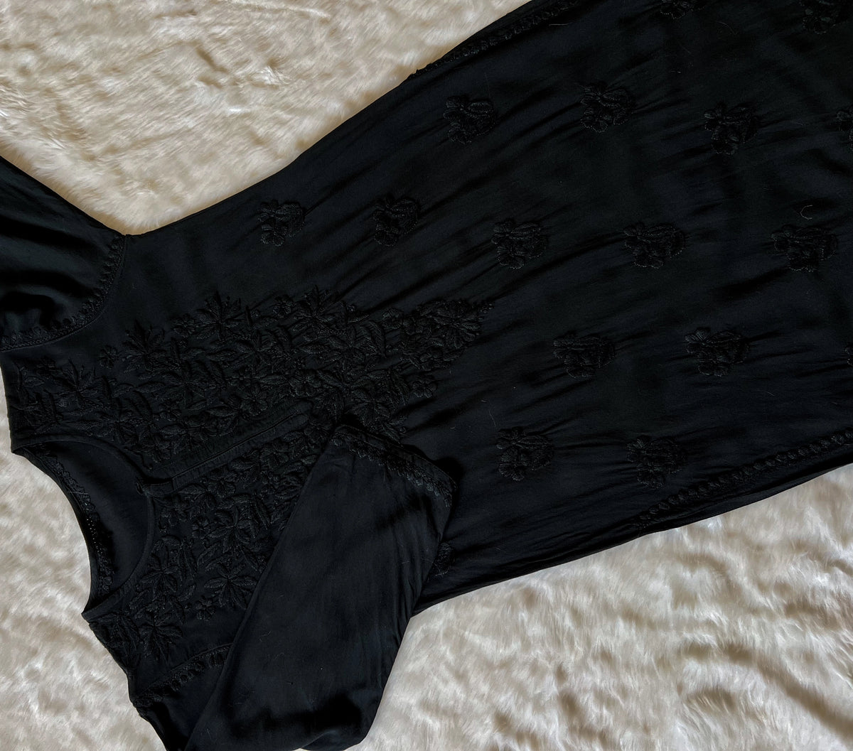 Black Rayon Kurta with Self Chikankari Handwork.