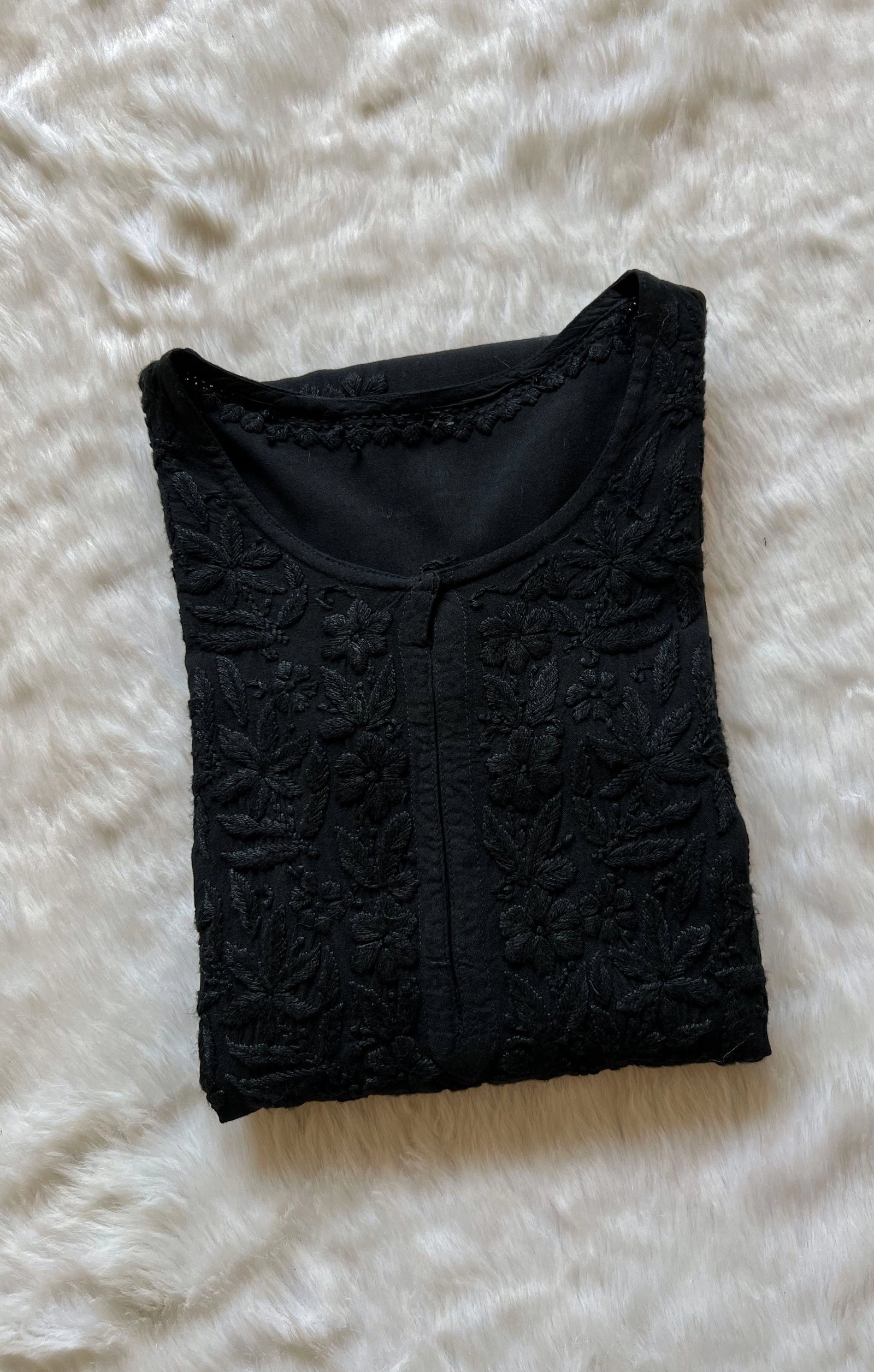 Black Rayon Kurta with Self Chikankari Handwork.