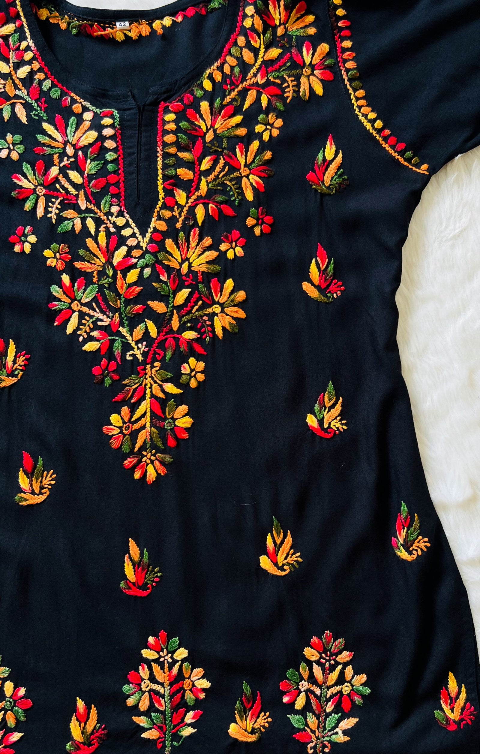 Black Short Rayon Kurta with Multi Colour Chikankari