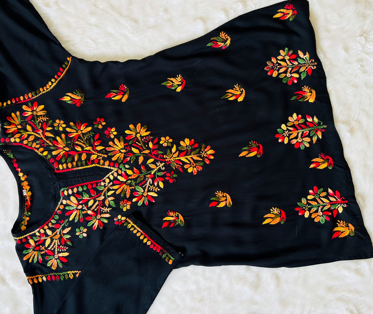 Black Short Rayon Kurta with Multi Colour Chikankari