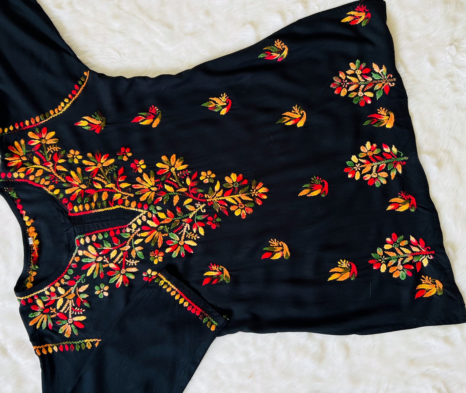 Black Short Rayon Kurta with Multi Colour Chikankari