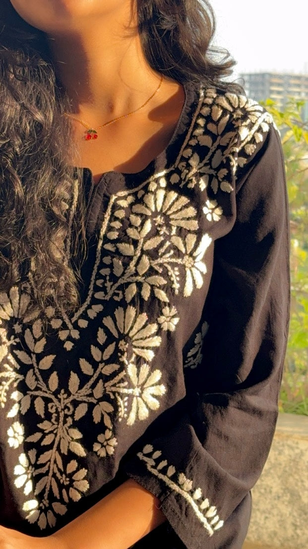 Black Short Rayon Kurta with White Chikankari