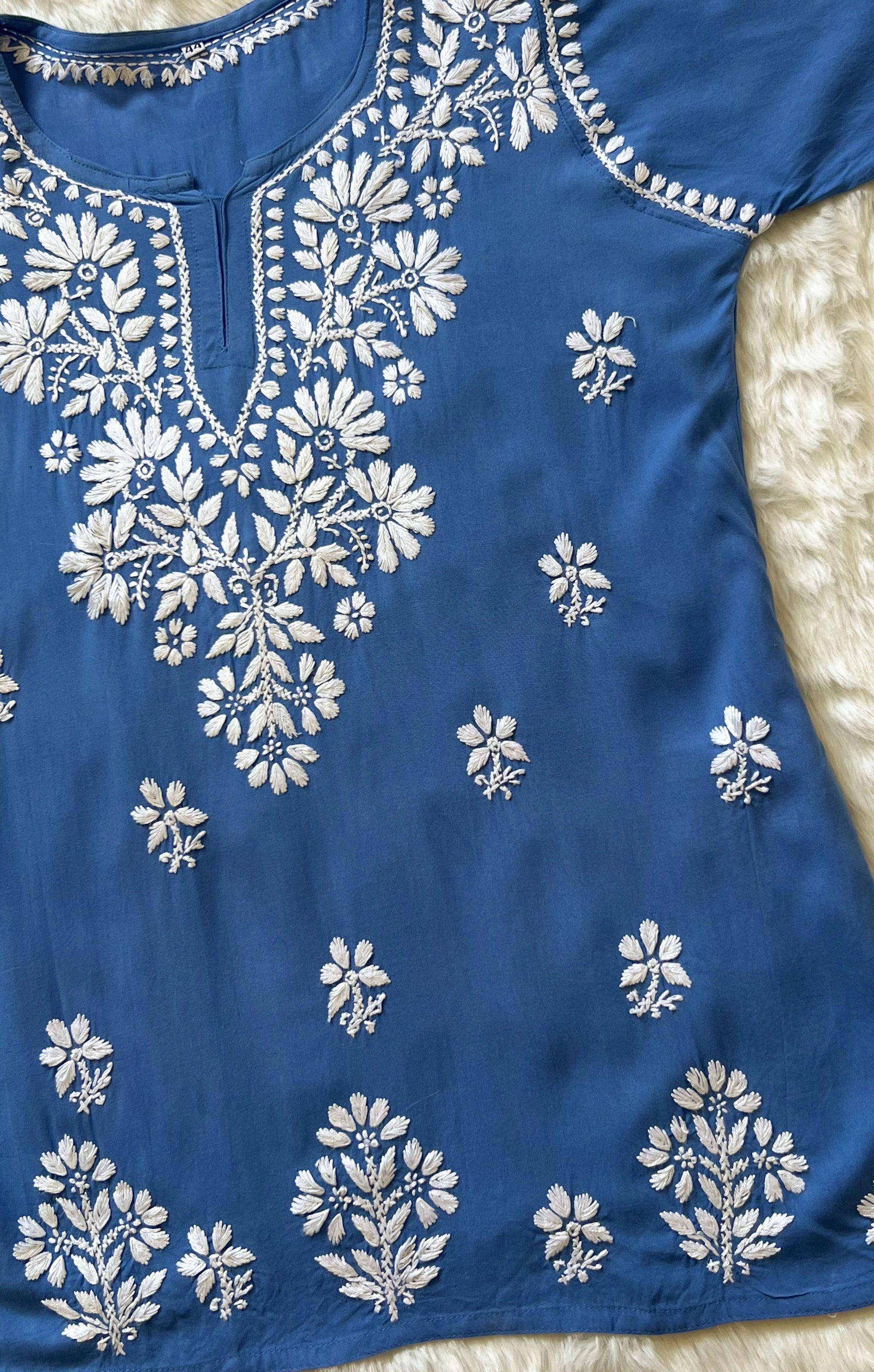 Blue Short Rayon Kurta with White Chikankari