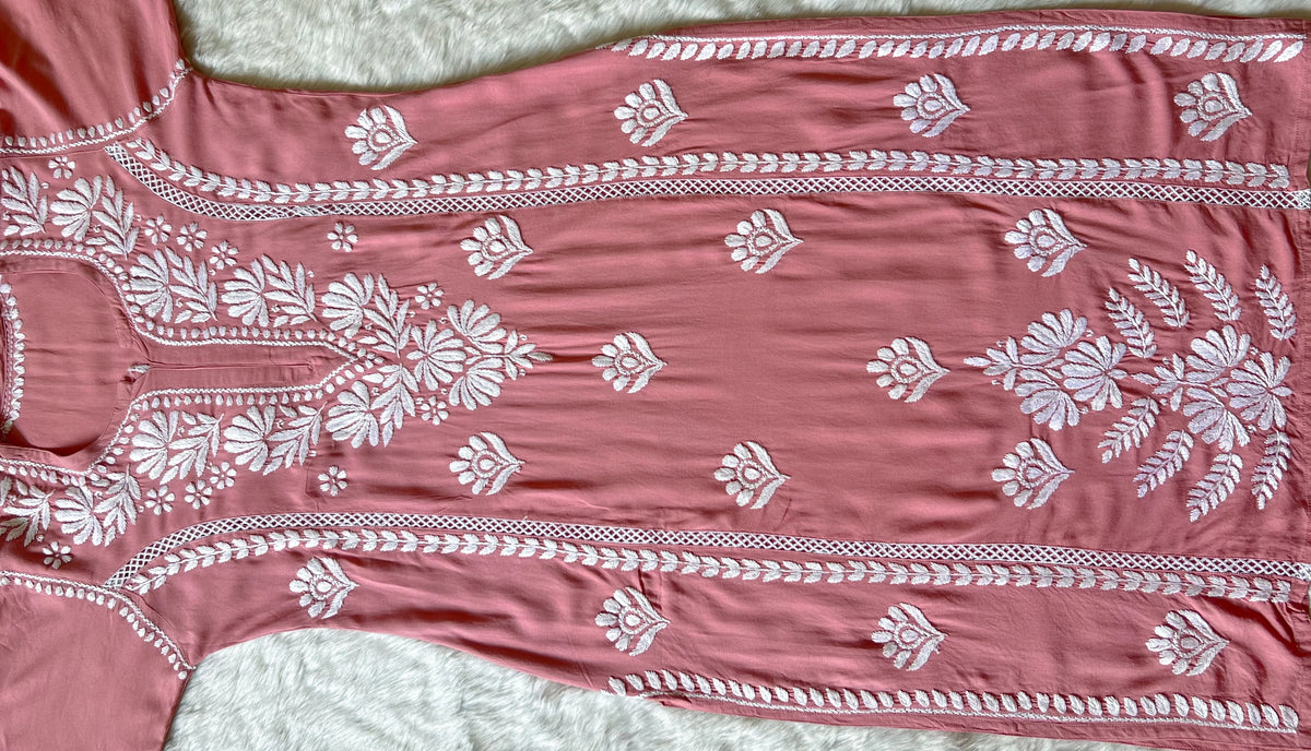 Blush Pink Long Lace Rayon Chikankari Kurta