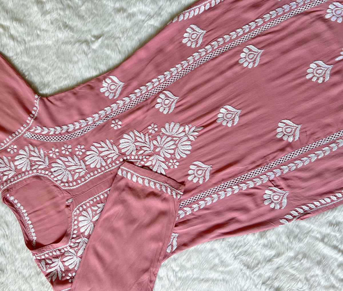 Blush Pink Long Lace Rayon Chikankari Kurta