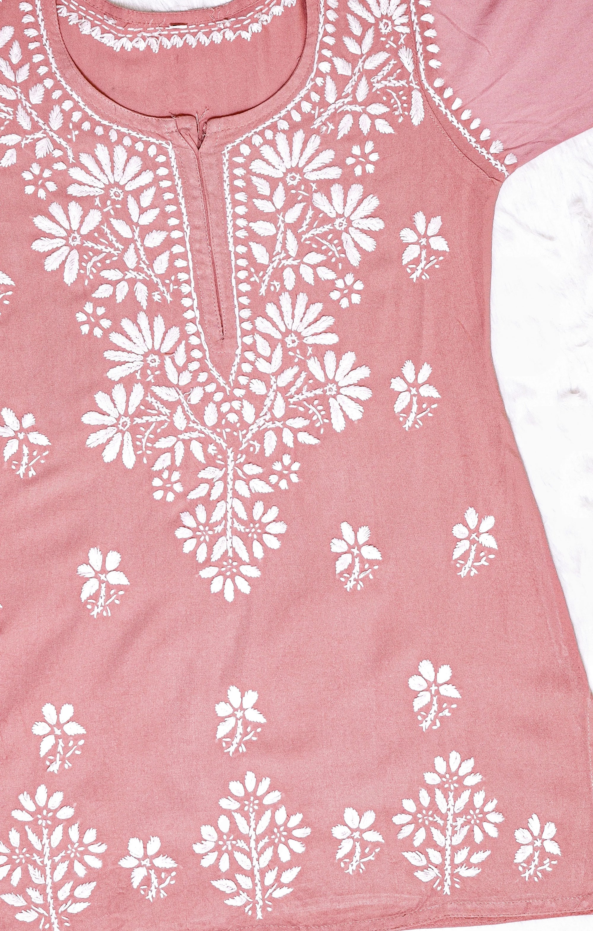 Blush Pink Short Rayon Kurta with White Chikankari