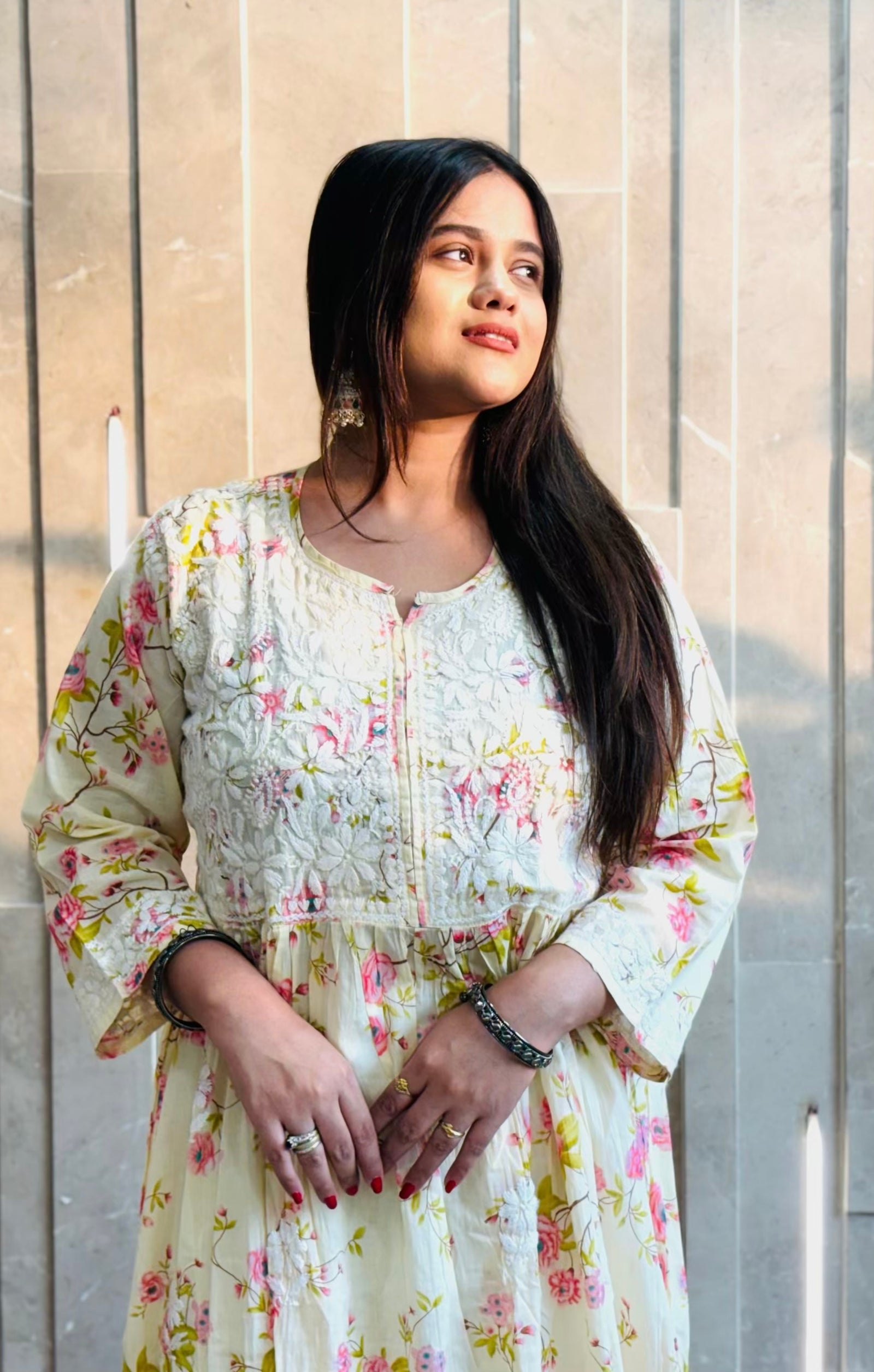 Butter Yellow & Pink Floral MulMul Chikan Gown