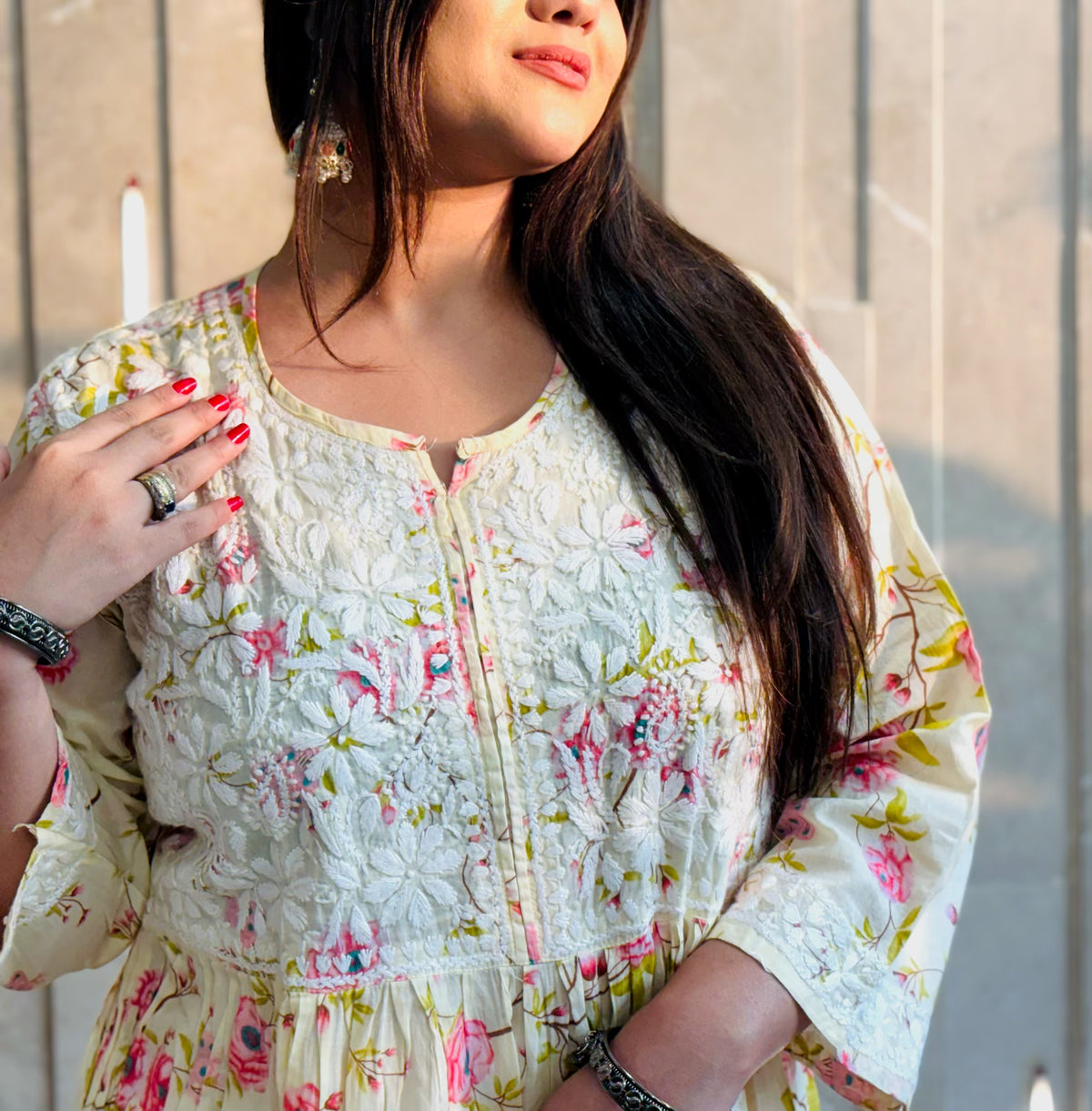 Butter Yellow & Pink Floral MulMul Chikan Gown