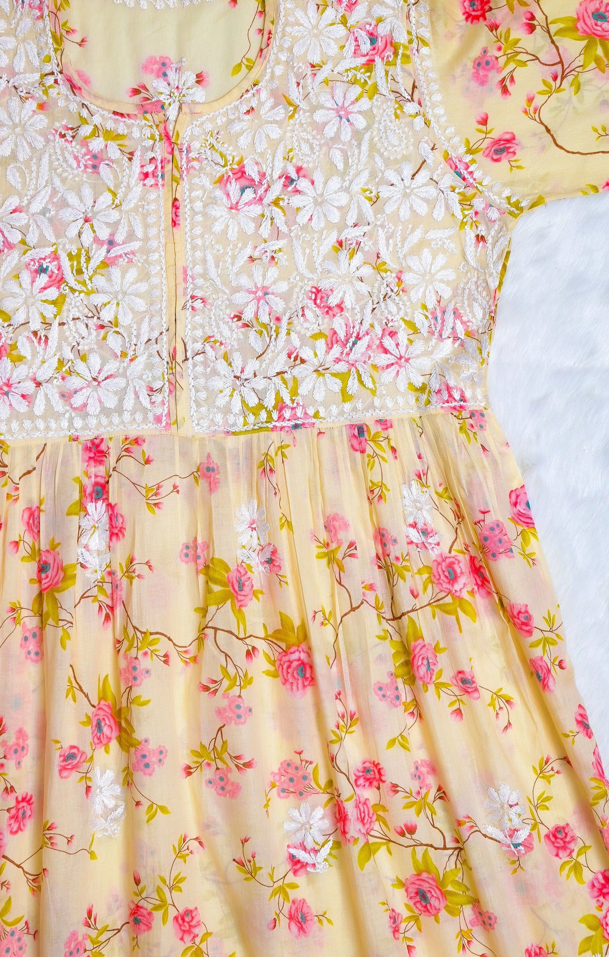 Butter Yellow &amp; Pink Floral MulMul Chikankari Gown