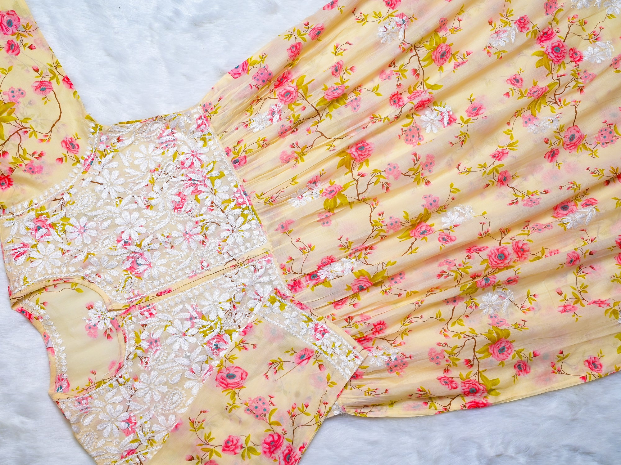 Butter Yellow & Pink Floral MulMul Chikankari Gown