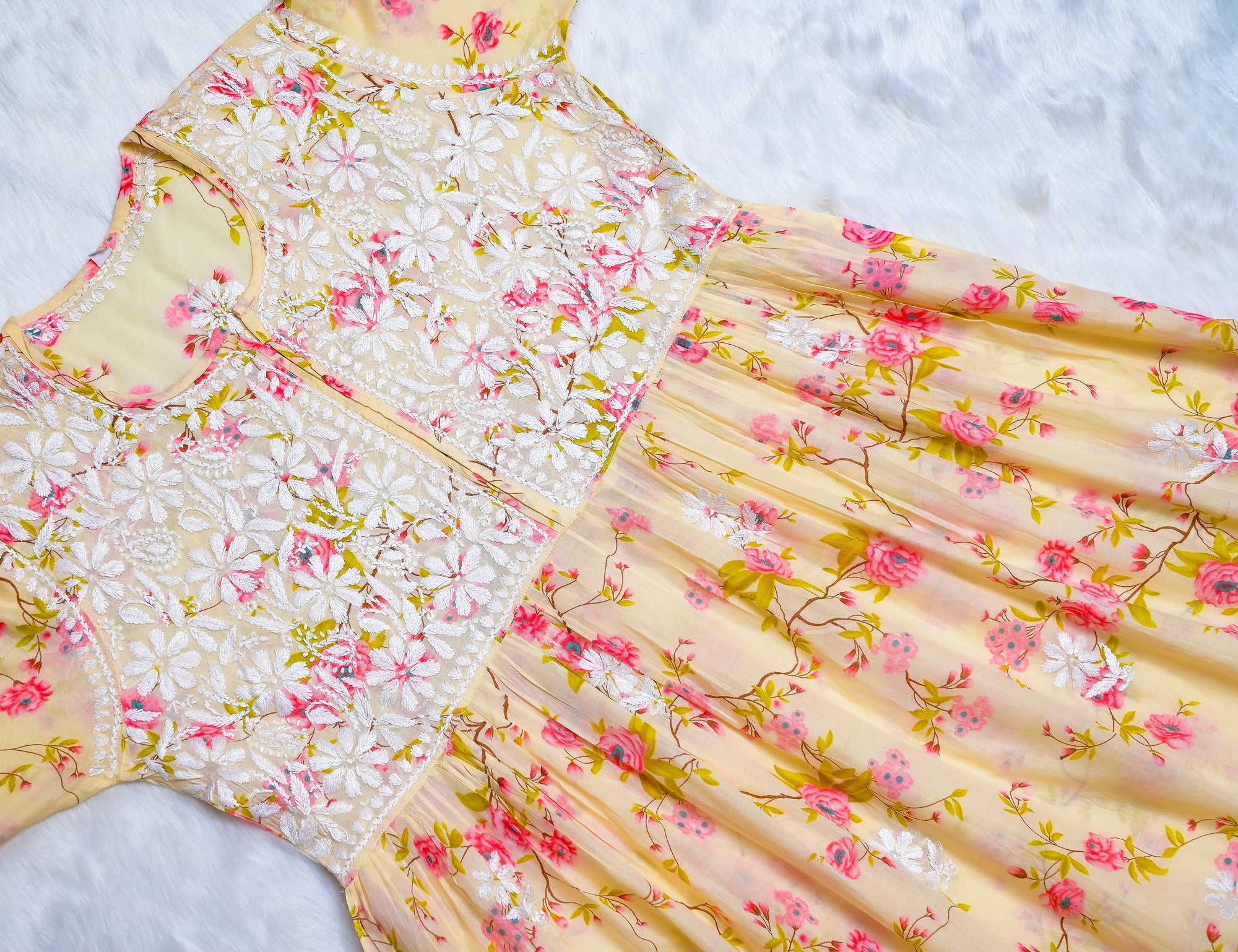 Butter Yellow & Pink Floral MulMul Chikankari Gown