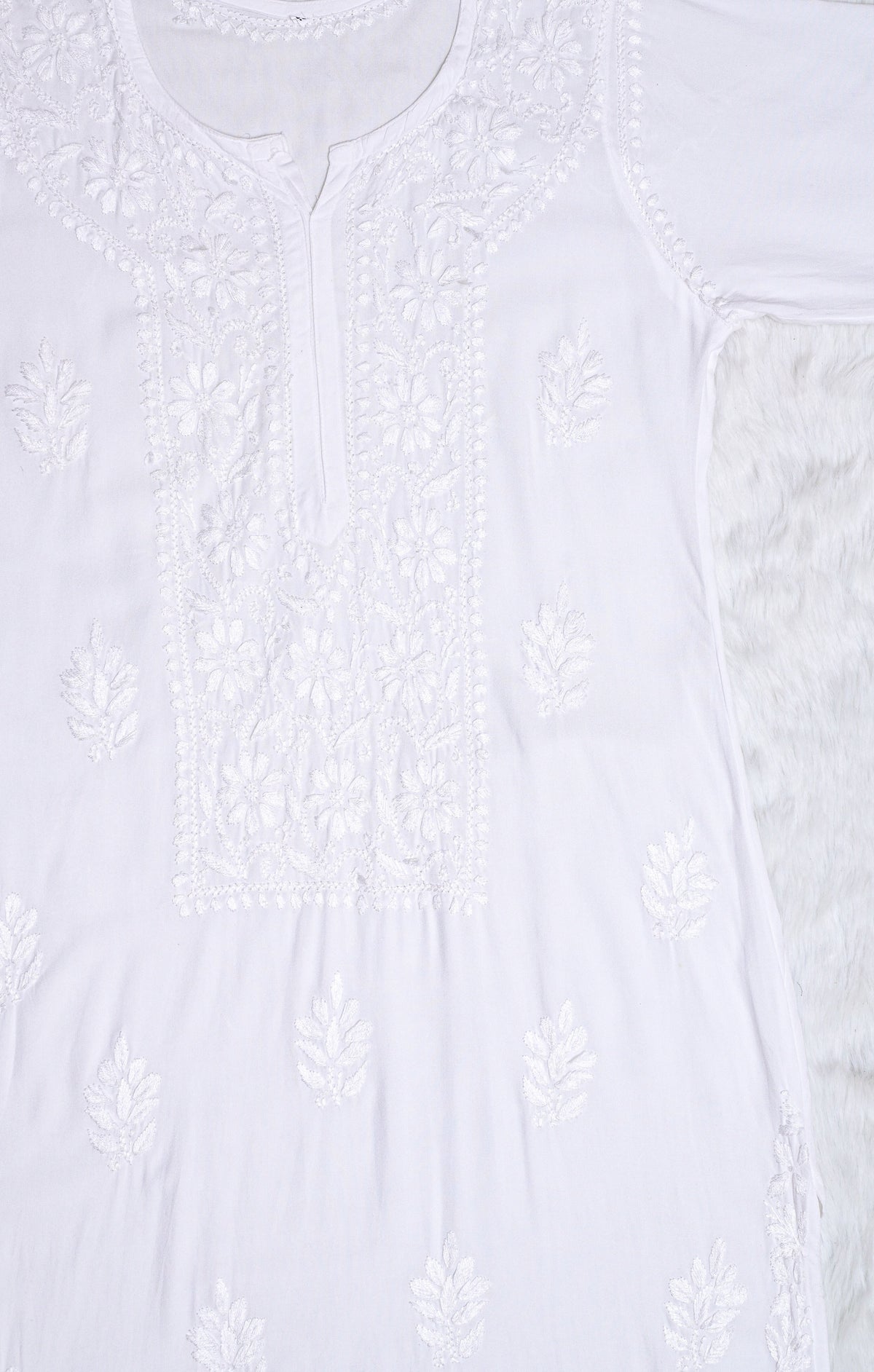 White Long Rayon Kurta with Self Chikankari