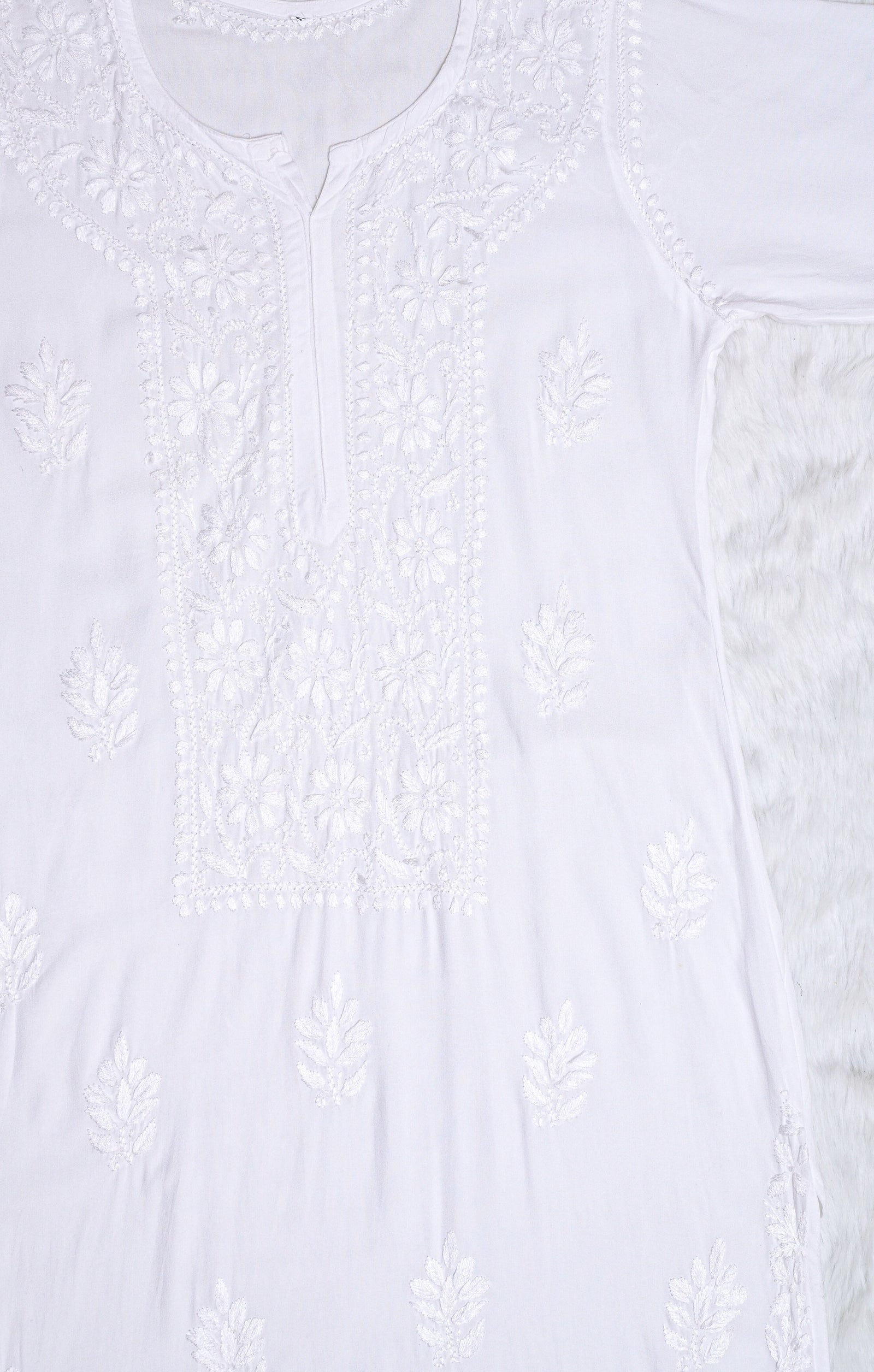 White Long Rayon Kurta with Self Chikankari