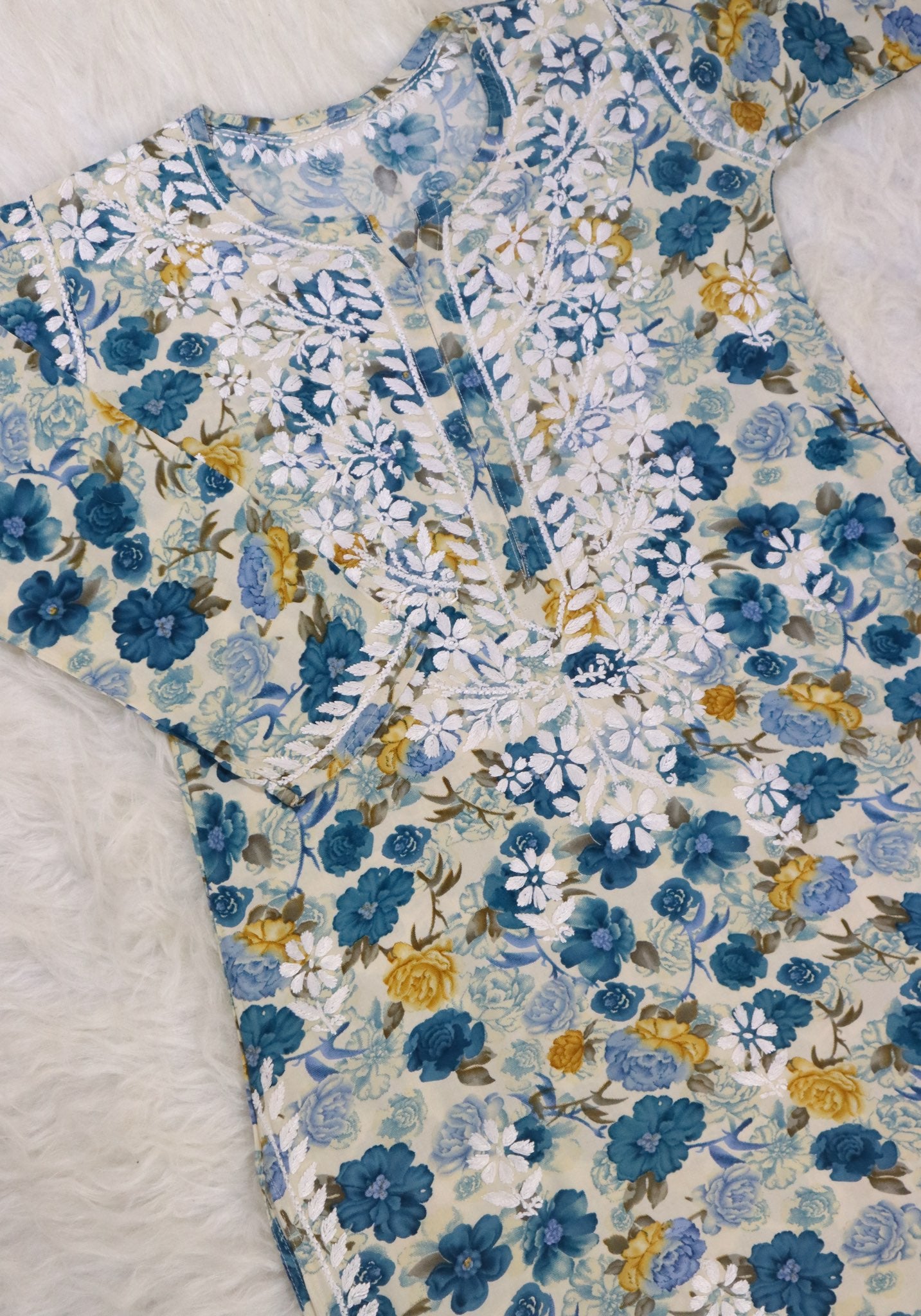 Sapphire Blue Floral Rayon Kurta