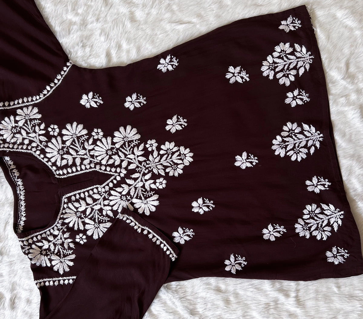 Chocolate Brown Short Rayon Kurta with White Chikankari