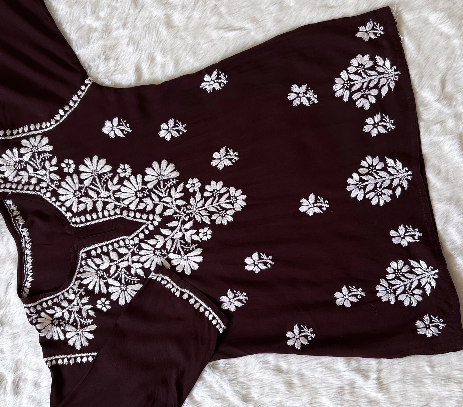 Chocolate Brown Short Rayon Kurta with White Chikankari