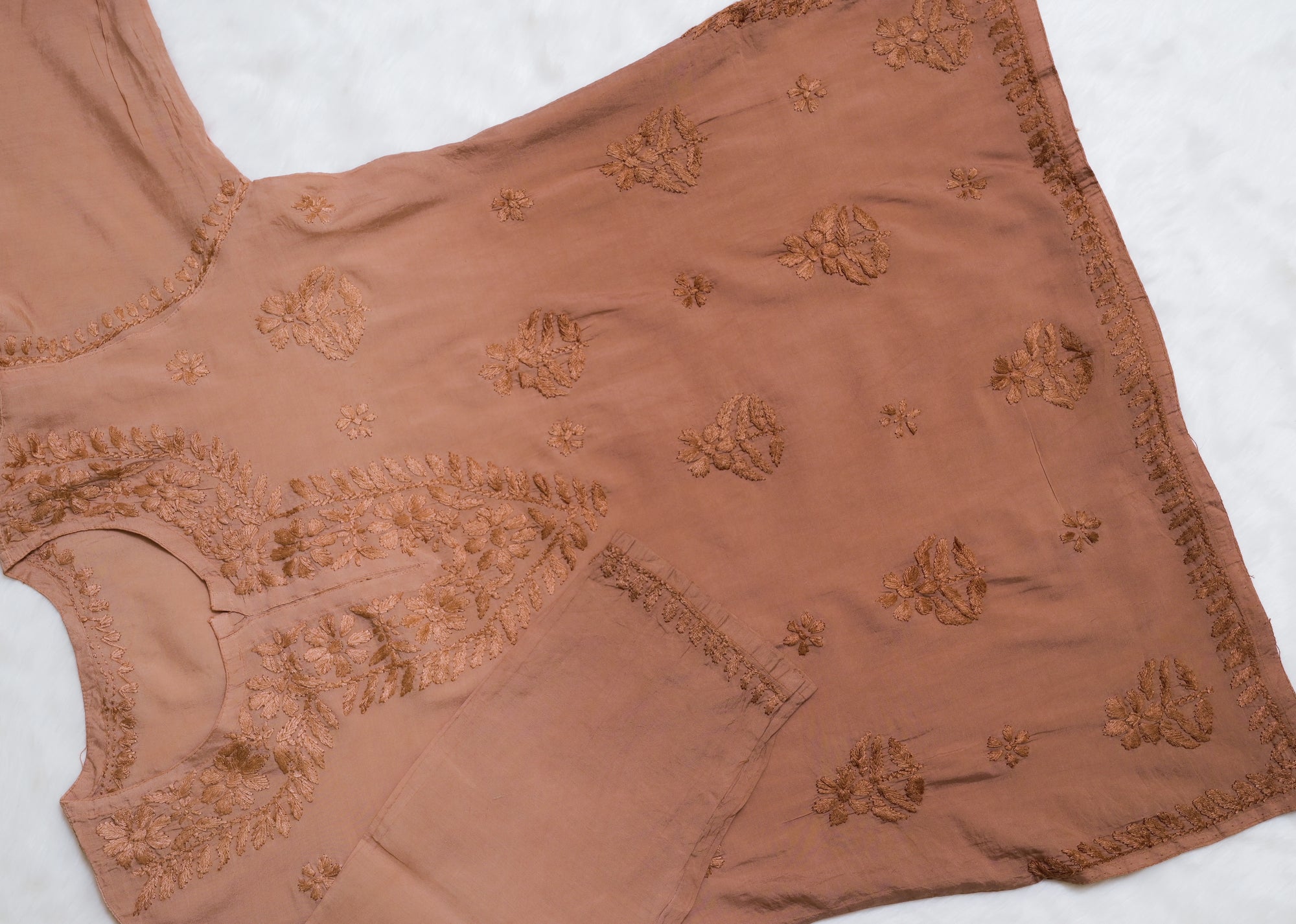 Coffee brown Chanderi Short Chikankari Kurta