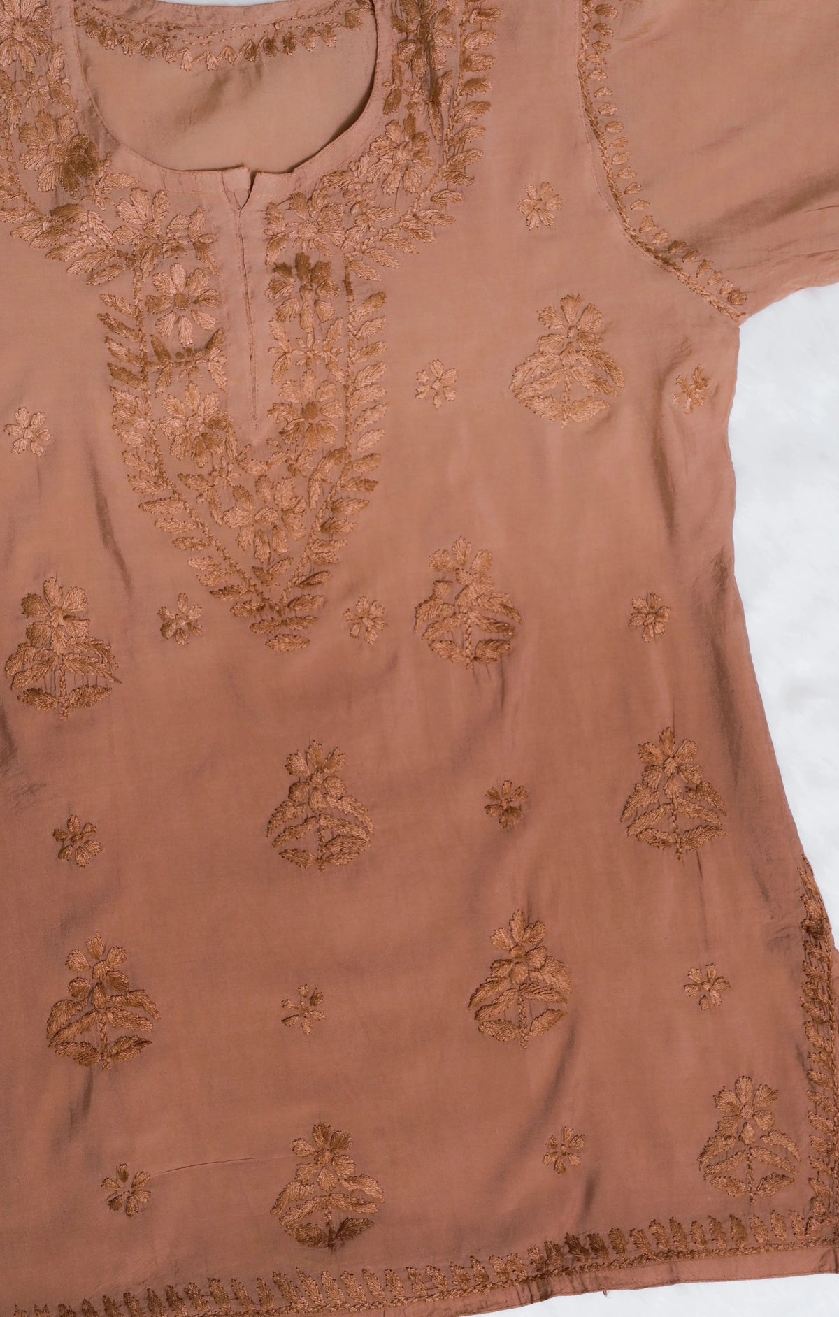 Coffee brown Chanderi Short Chikankari Kurta