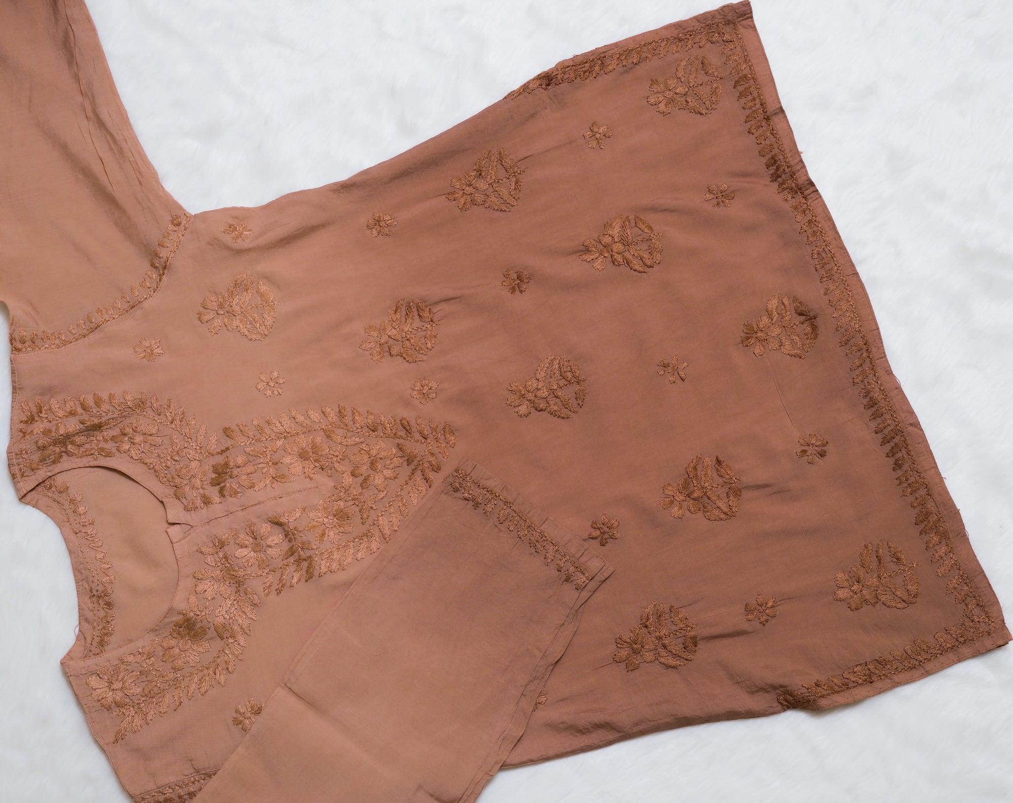 Coffee brown Chanderi Short Chikankari Kurta