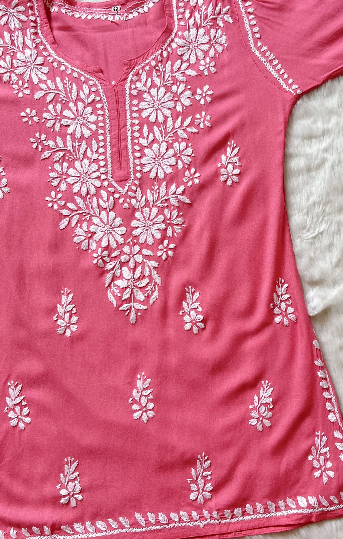 Coral Pink Short Rayon Kurta with White Chikankari