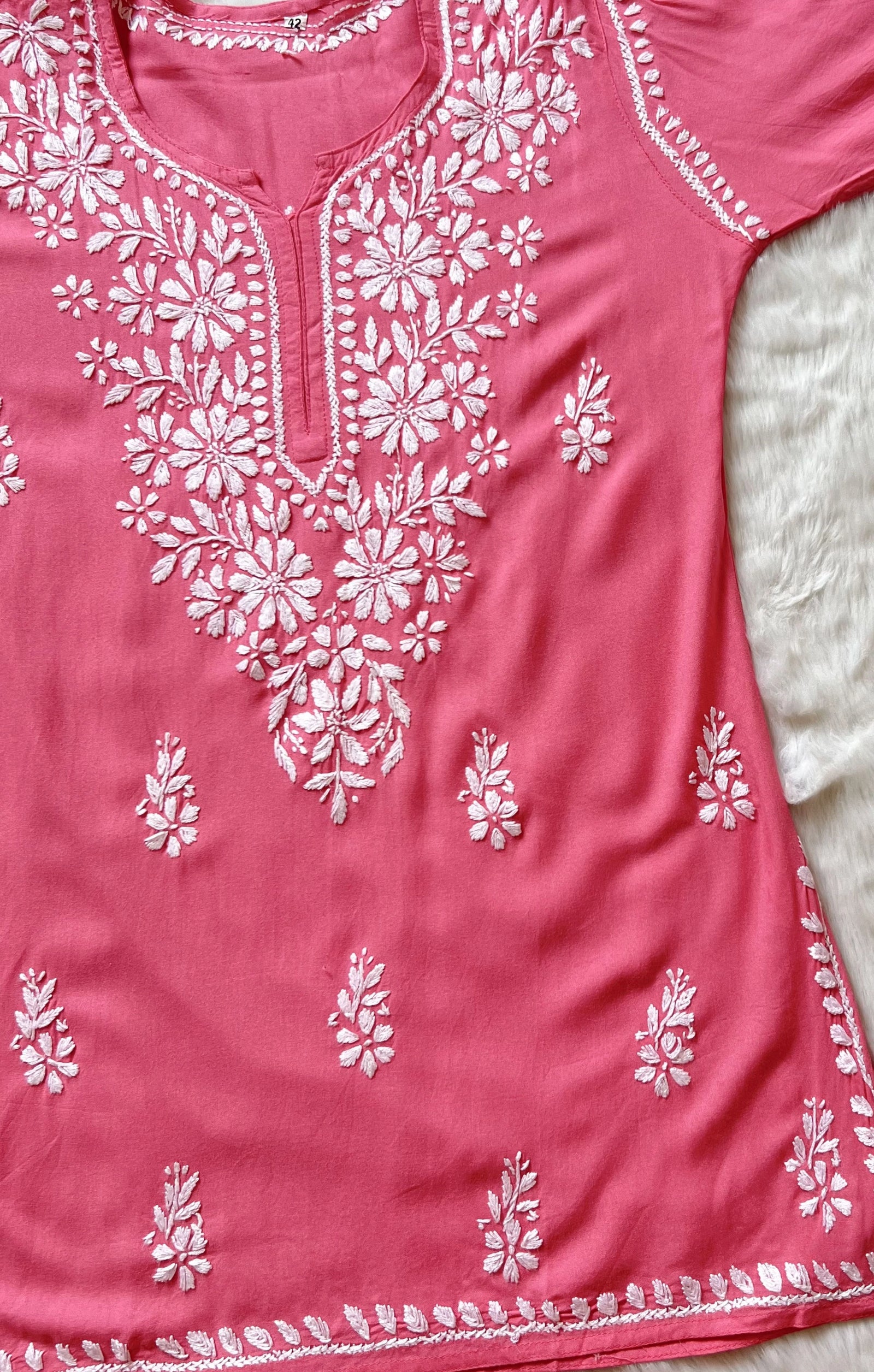 Coral Pink Short Rayon Kurta with White Chikankari