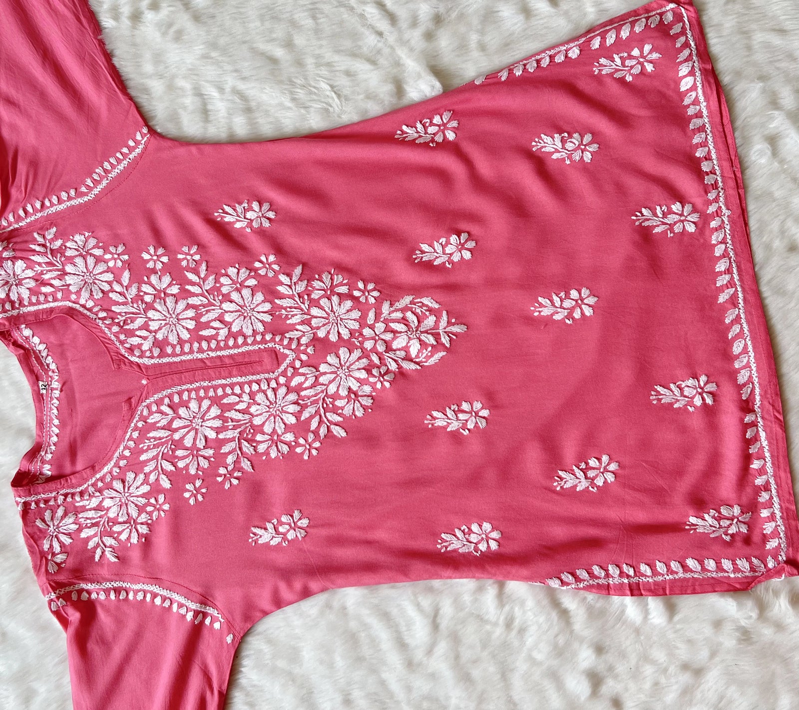 Coral Pink Short Rayon Kurta with White Chikankari